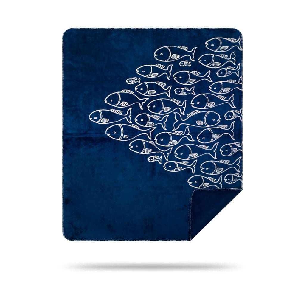 Denali Ultimate Comfort Nautical Throw Blanket - Plush Hand-Stitched Super Cozy Made in USA Blue Fins | Perfect for Sofa, Bed, Boat & Beach Relaxation