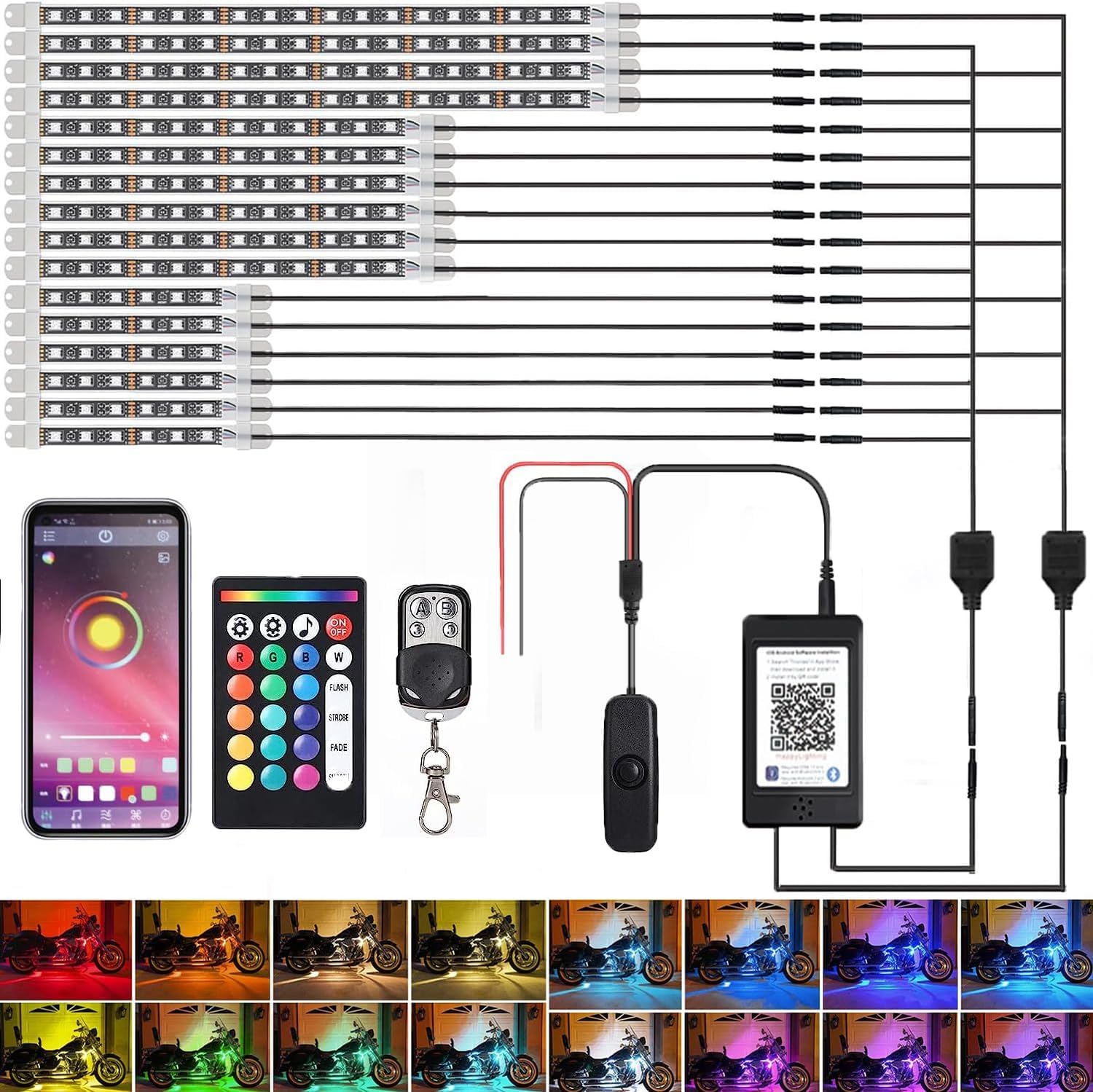 16PCS Motorcycle LED Underglow Kit - APP Control, RGB Music Sync, Waterproof for Night Riding