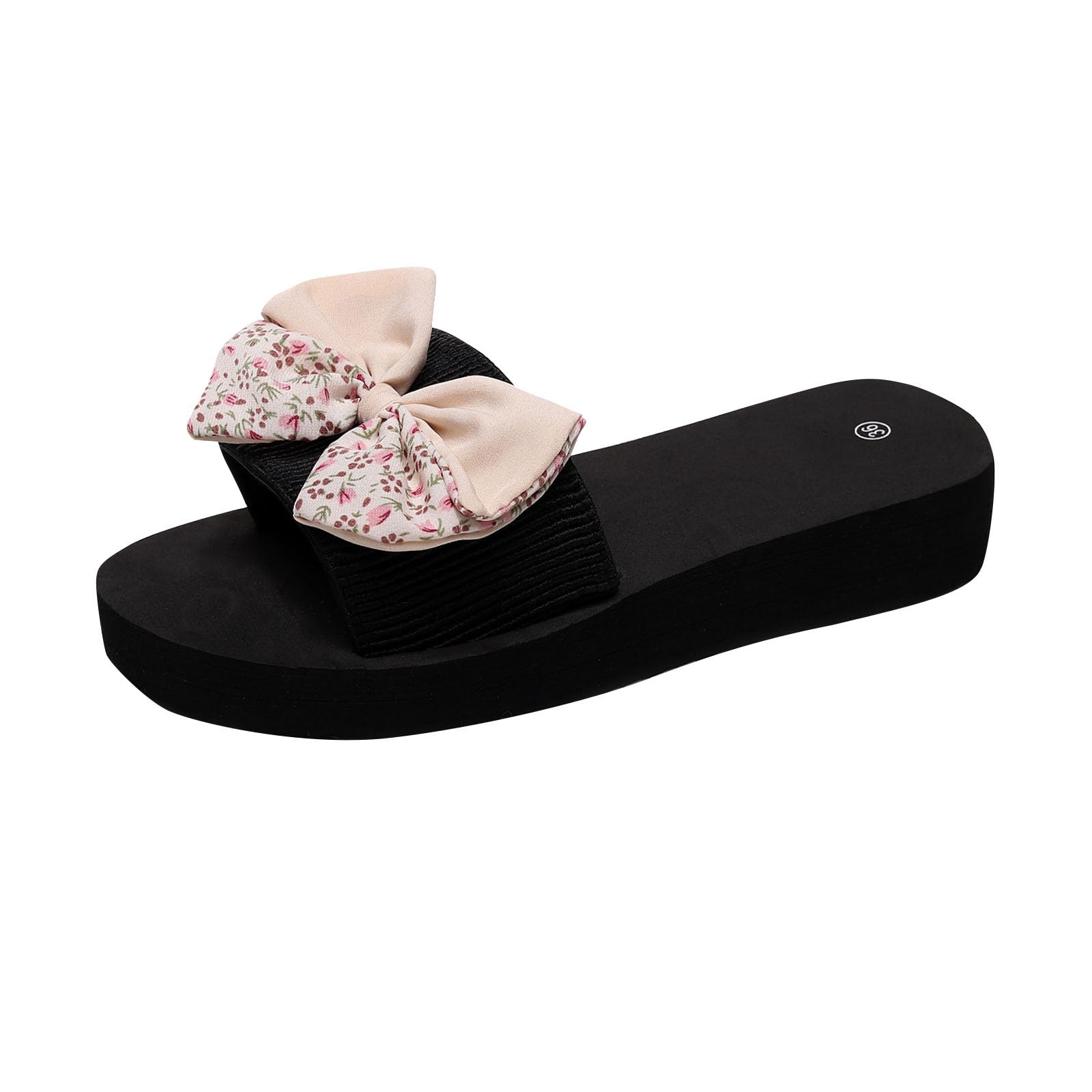 Boho Women's Sandals - Summer Flip Flops with Linen Floral Bow | Comfortable Flat Sandals for Beach, Vacation & Casual Wear
