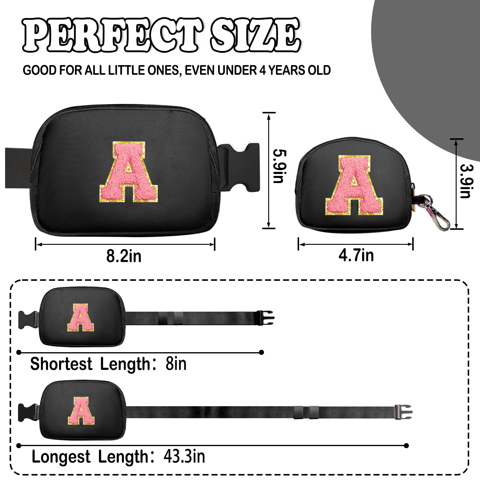 Personalized Initial Letter Crossbody Bag for Girls Ages 4-13 | Cute Fanny Pack with Custom Patch | Birthday Gift for Women, Teens & Kids (A, Black) | Perfect for School, Travel & Everyday Use