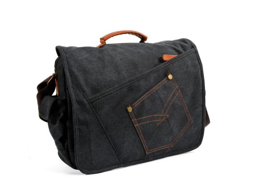 Men's Vintage Denim & Canvas Messenger Bag - Genuine Leather Crossbody Handbag for Work, Travel & Everyday Use