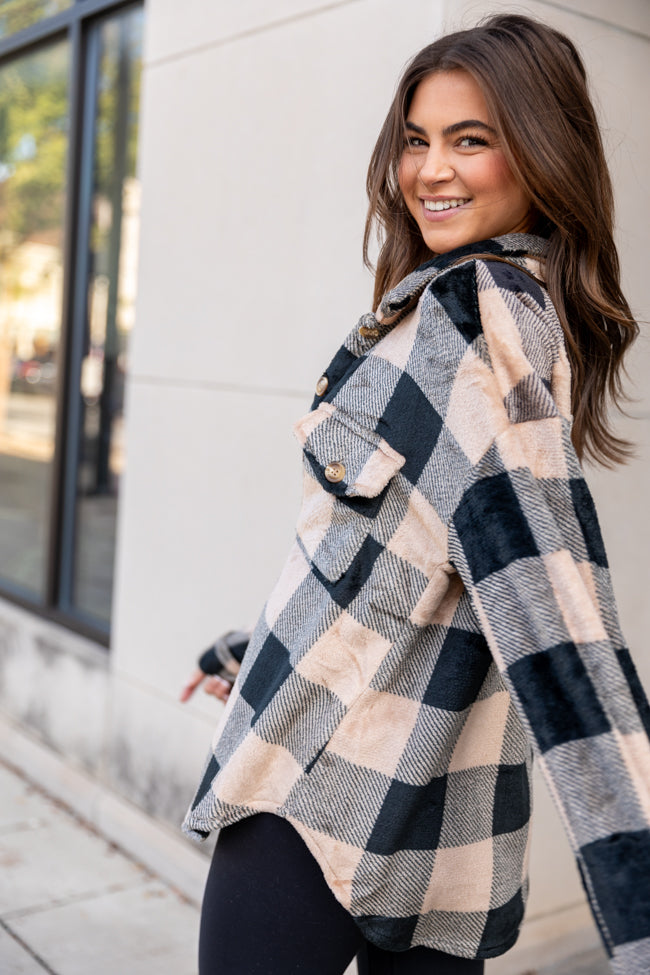 Wind Down Black and Tan Fleece Plaid Shacket - Cozy Overshirt for Men & Women | Perfect for Fall & Winter Layering, Outdoor Adventures & Casual Wear | FINAL SALE