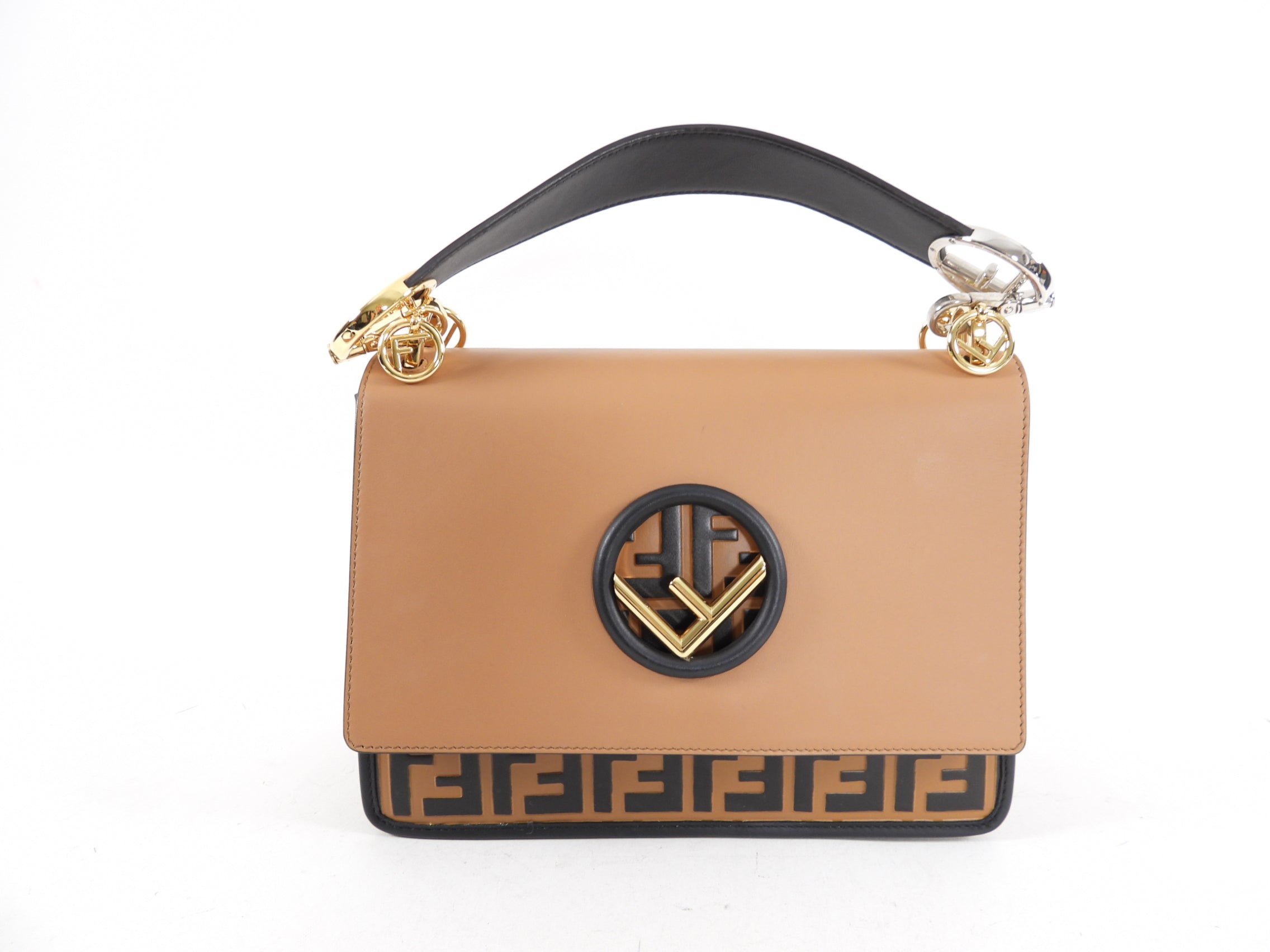 Fendi Kan I Bag - Black & Tan Embossed Leather Shoulder Bag with Fendi Monogram, Luxury Designer Handbag for Women | Perfect for Work, Evening Events & Fashion Accessories