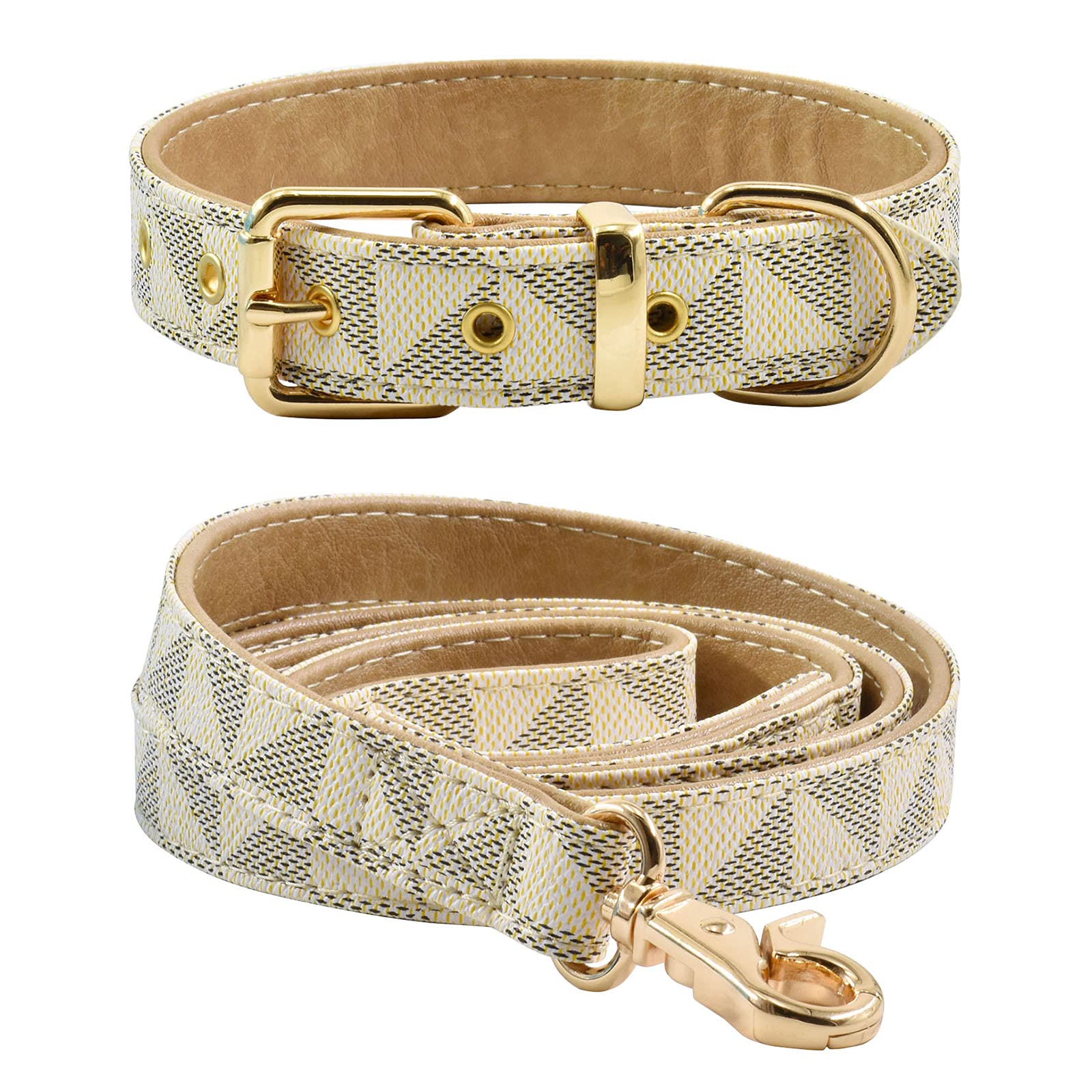 Premium Leather Dog Collar and Leash Set with Check Pattern - Adjustable Metal Buckle for Small, Medium & Large Dogs (White, M 11.8-15IN) - Perfect for Daily Walks, Training & Outdoor Adventures