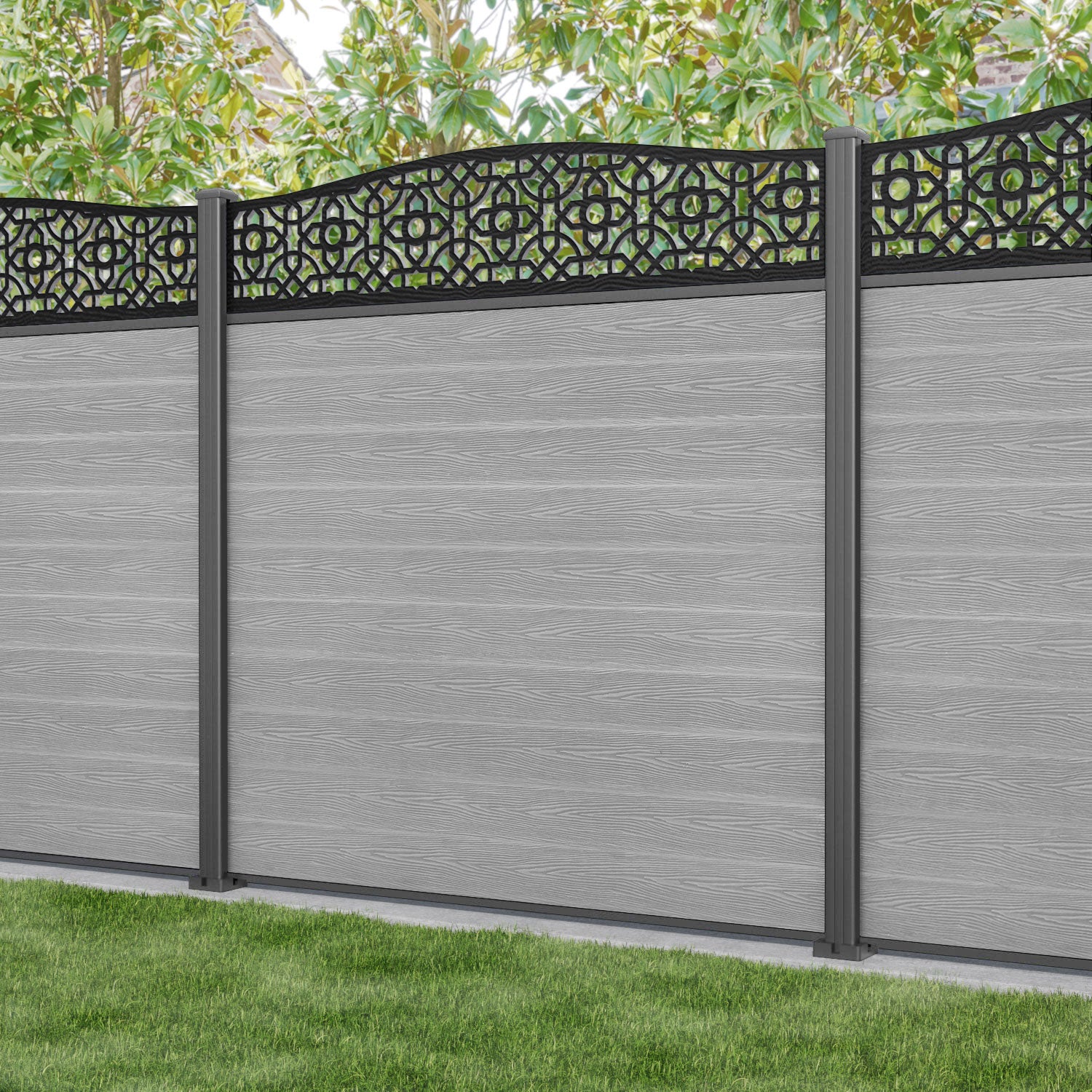 Classic Nabila Curved Top Fence Panel - Light Grey Aluminum Privacy Fence with Sturdy Posts | Perfect for Backyard, Garden, and Pool Area Security