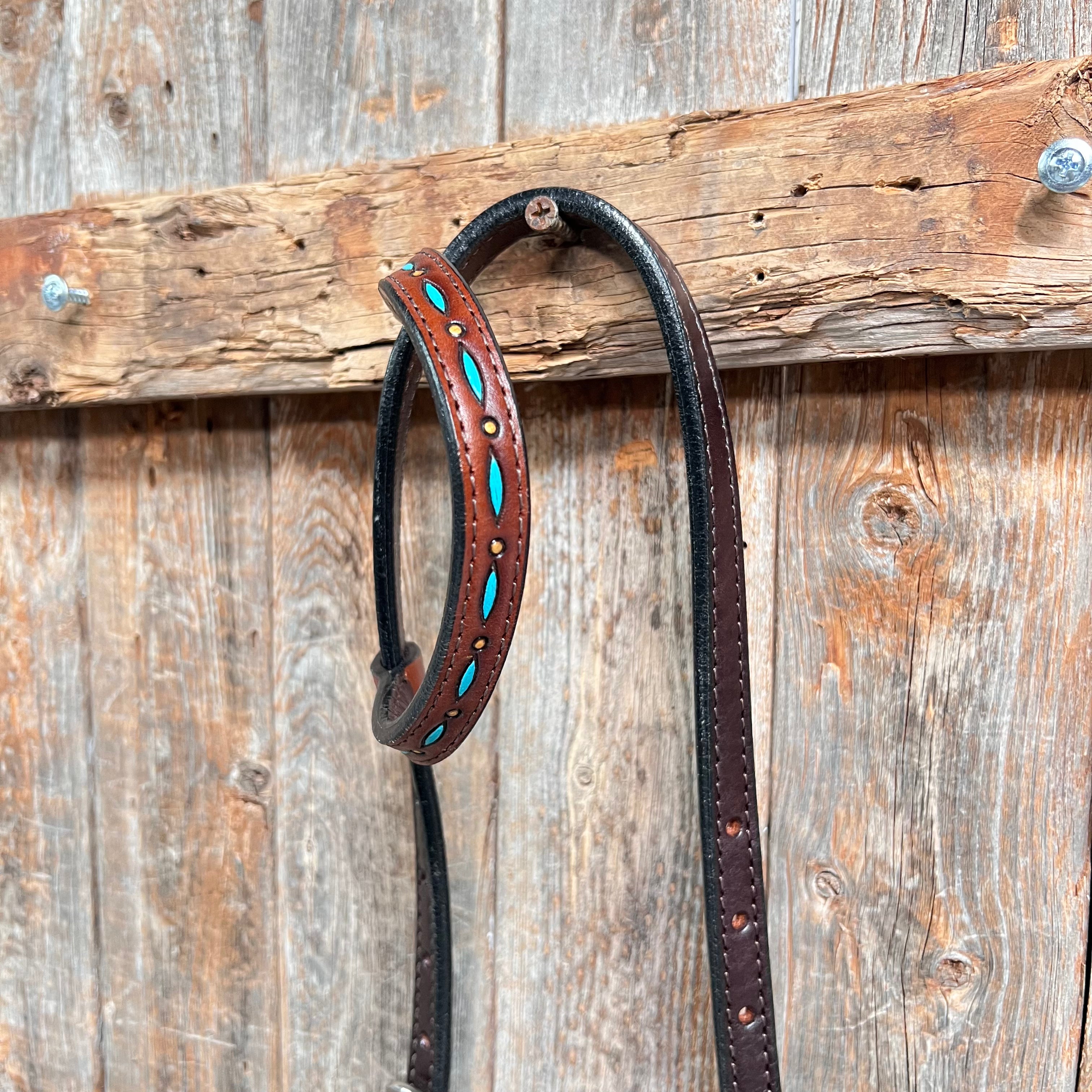 Hand-Painted Turquoise Cabochon Dark Oil Leather Ear & Breastcollar Tack Set #OEBC584 – Perfect for Western Horse Riding & Show Competitions