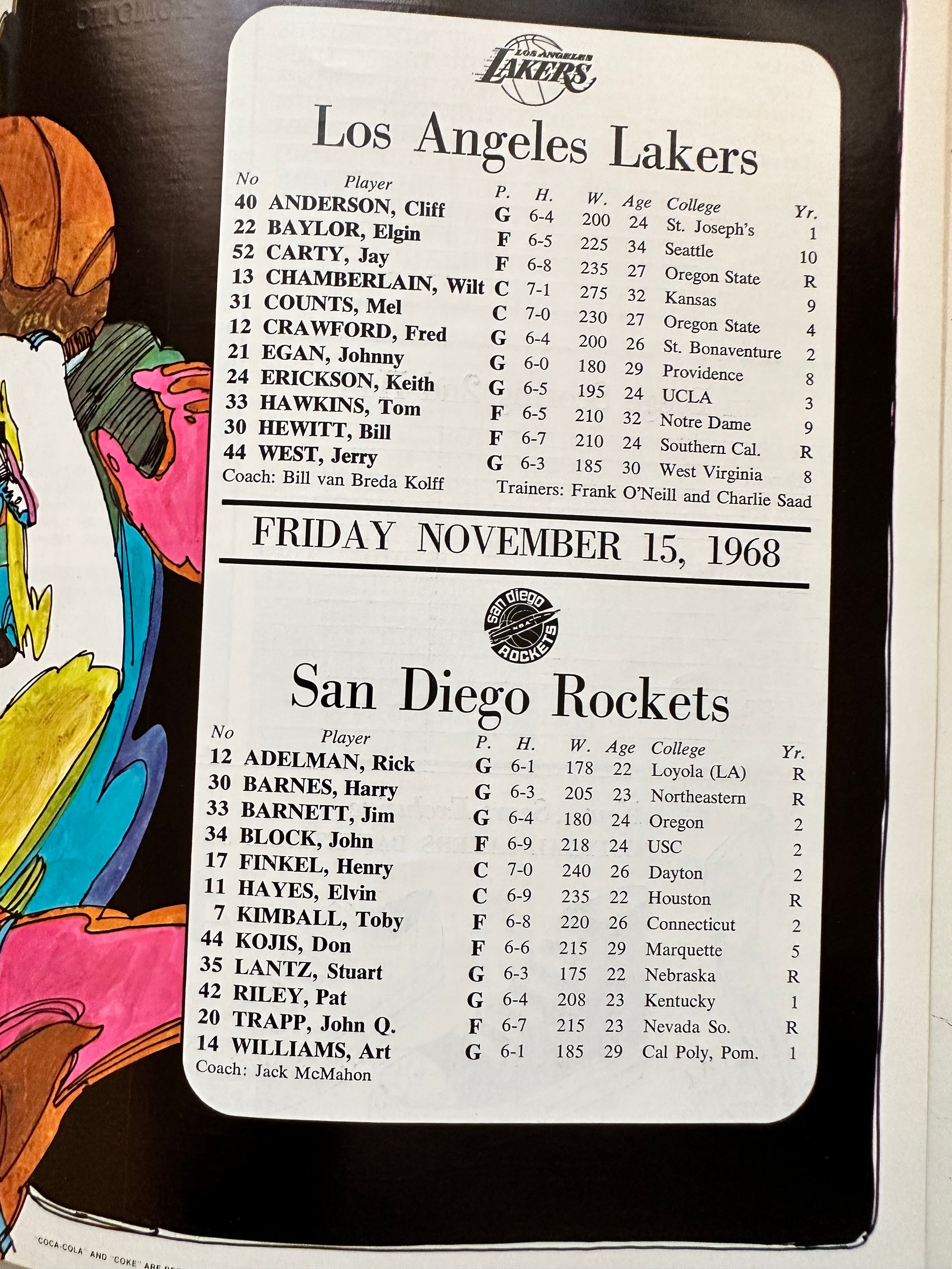 Vintage 1968 LA Lakers vs San Diego Rockets ABA Basketball Game Program - Rare Collectible Memorabilia for Sports Fans & History Enthusiasts - Perfect for Framing, Display, and Sports Memorabilia Collections