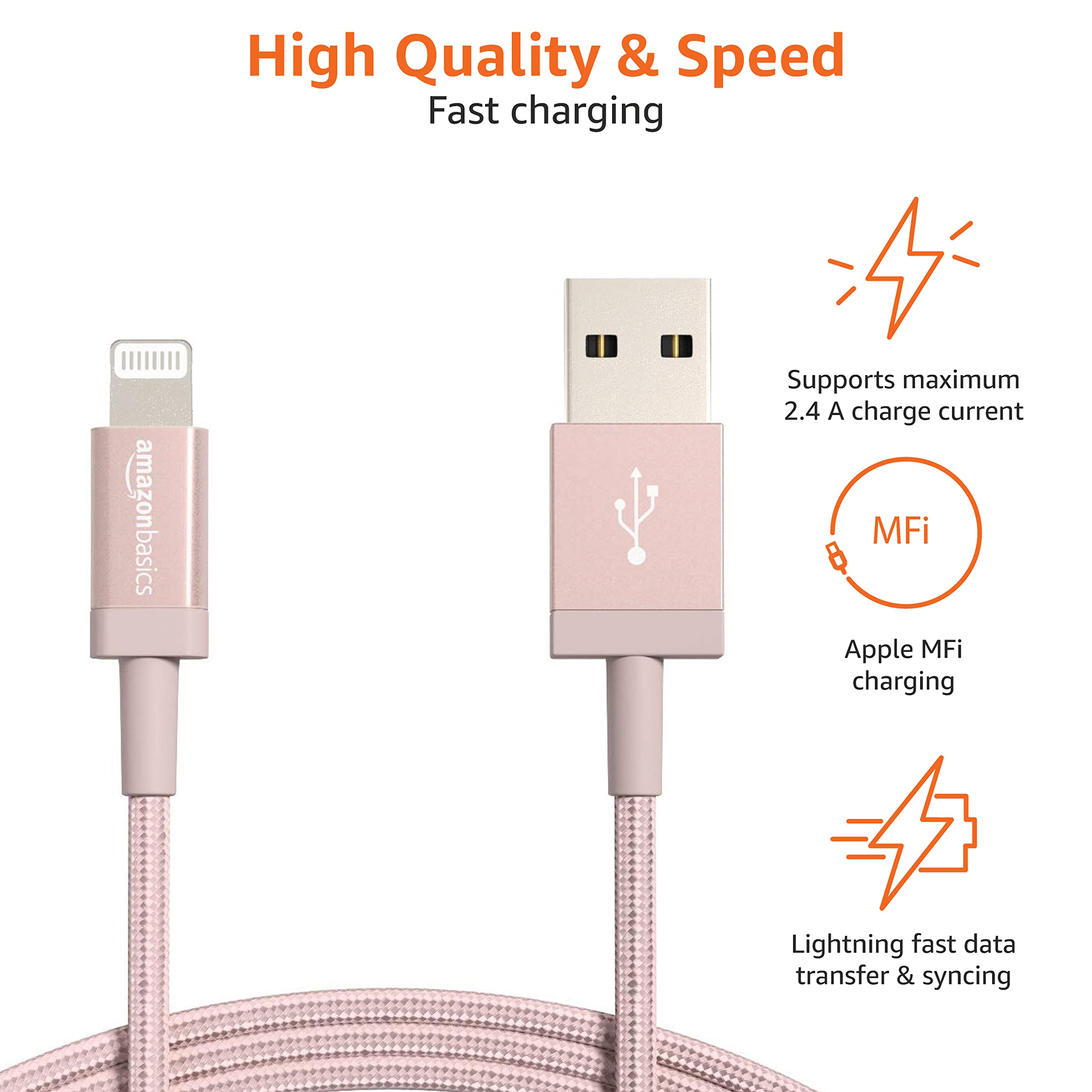 Amazon Basics MFi Certified USB-C to Lightning Cable 6ft Nylon Braided - Fast Charging Cord for iPhone 14/13/12/11/X/Xs/Pro/Max/Plus & iPad - Durable Rose Gold Charger for Home, Office & Travel