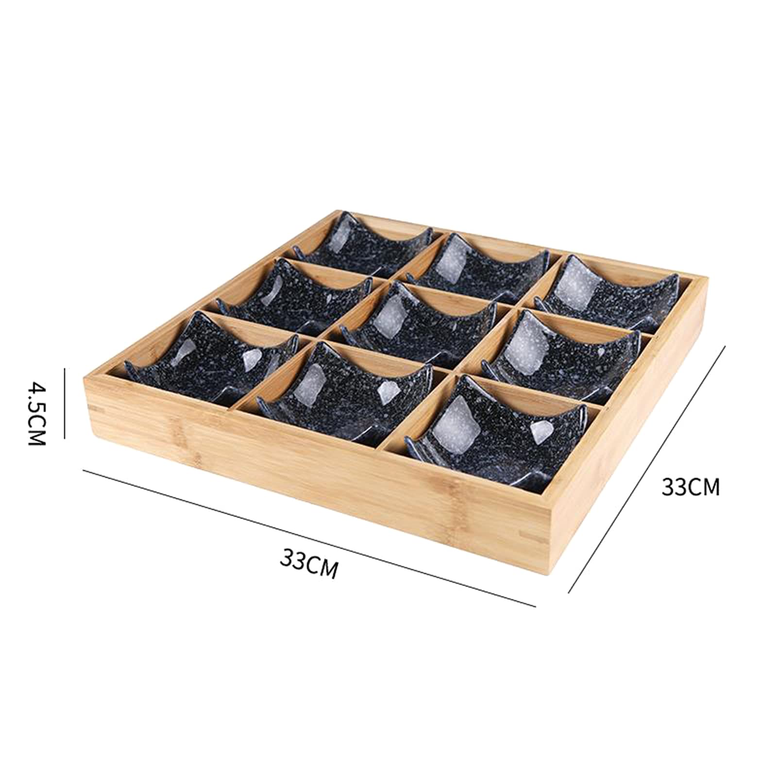 AIZYR Wooden Bamboo Serving Tray with Ceramic Plate - Elegant Food Tray for Snacks, Desserts, Fruits, Appetizers & Condiments - Perfect for Home, Kitchen, Party & Restaurant Use