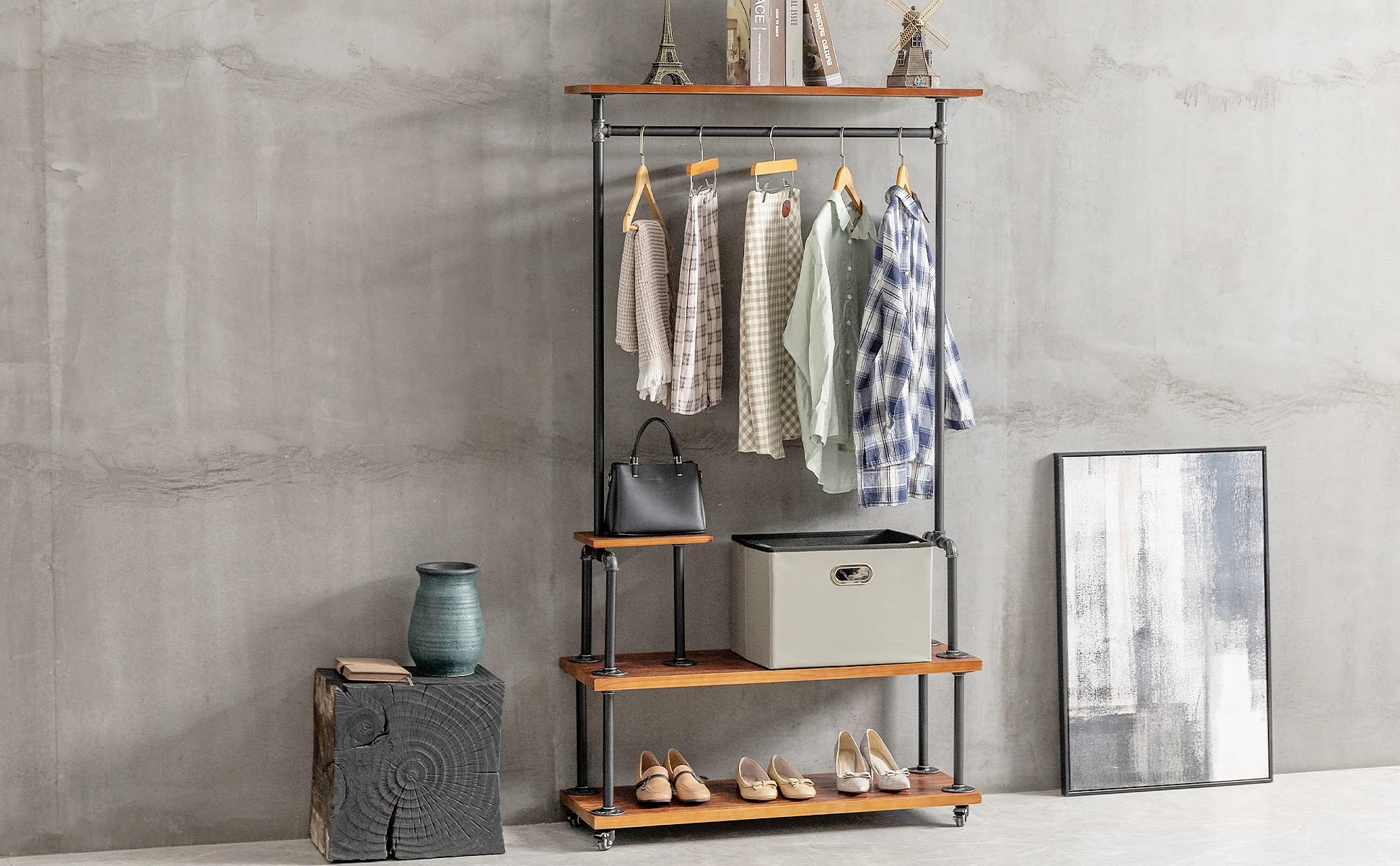 Heavy Duty Industrial Rolling Garment Rack - Steampunk Pipe Style Clothes Rack with Shelf & Shoe Storage | Mobile Hall Tree for Home, Retail Store & Boutique Organization | Rustic Wood & Metal Design for Bedroom, Closet or Commercial Use