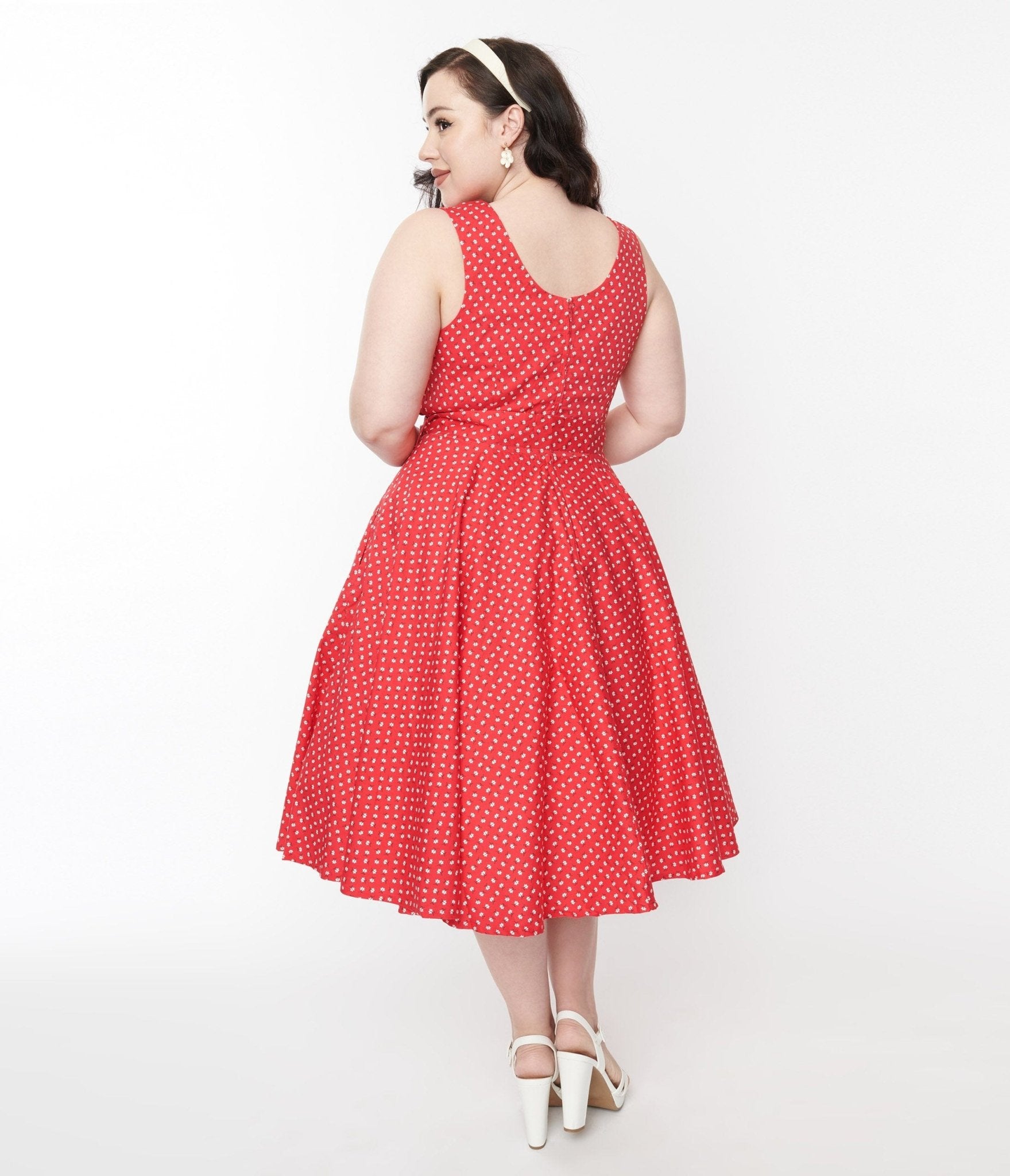 Red & White Floral Dot Belted Swing Dress - Women's Vintage Style A-Line Dress for Casual Wear, Parties & Date Nights