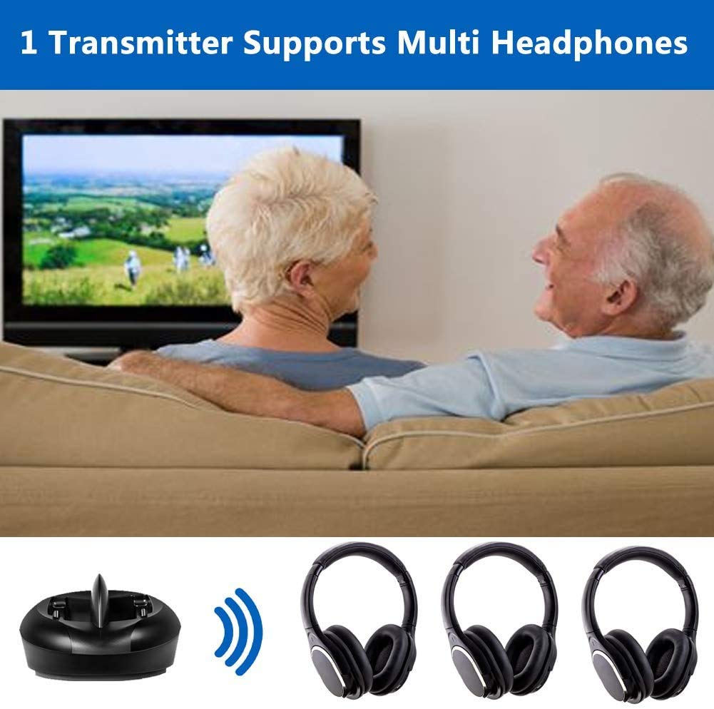 ZANCHIE Wireless Over-Ear Headphones for TV with RF Transmitter & Charging Dock - No Audio Delay, 330ft Range, Digital Optical/RCA/AUX Support - Ideal for Seniors & Home Theater (Black)