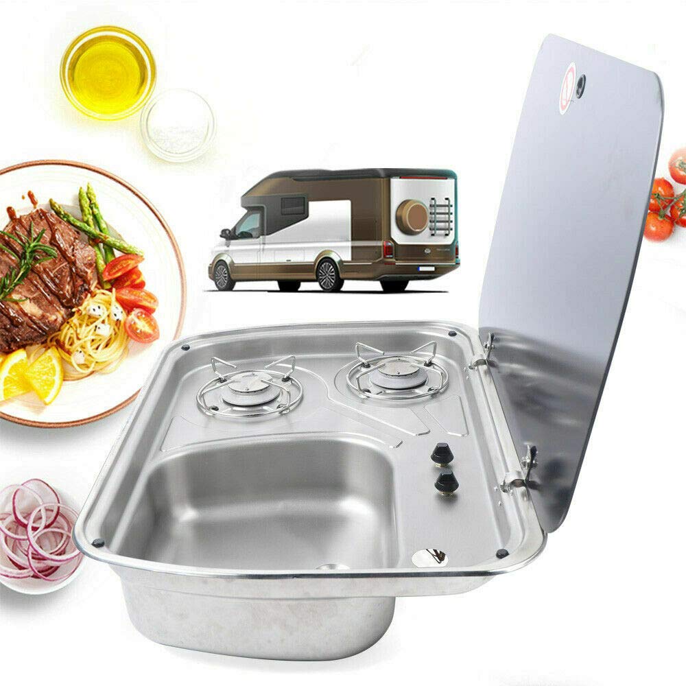 Portable Outdoor Stove Sink Combo - 2 Burner RV Stove with Stainless Steel Sink & Glass Cover - Perfect for RV, Camper, Boat & Caravan - Hand Wash Basin & Prep Sink for Outdoor Cooking & Camping Adventures