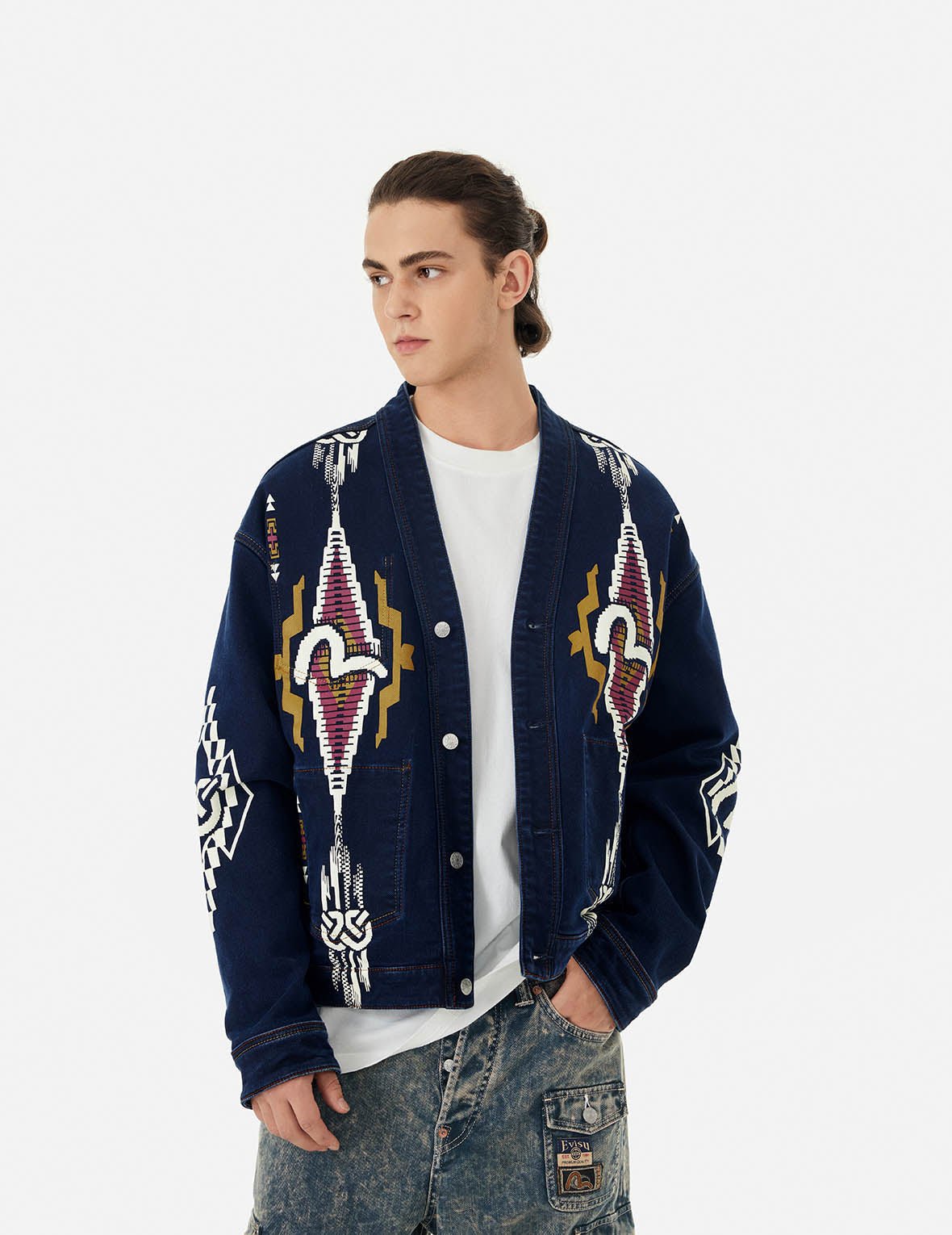 Stylish Reversible Denim Jacket with Chimayo Tapestry & Seagull Print - Boxy Fit for Women | Perfect for Casual Outings, Beach Trips & Boho Fashion
