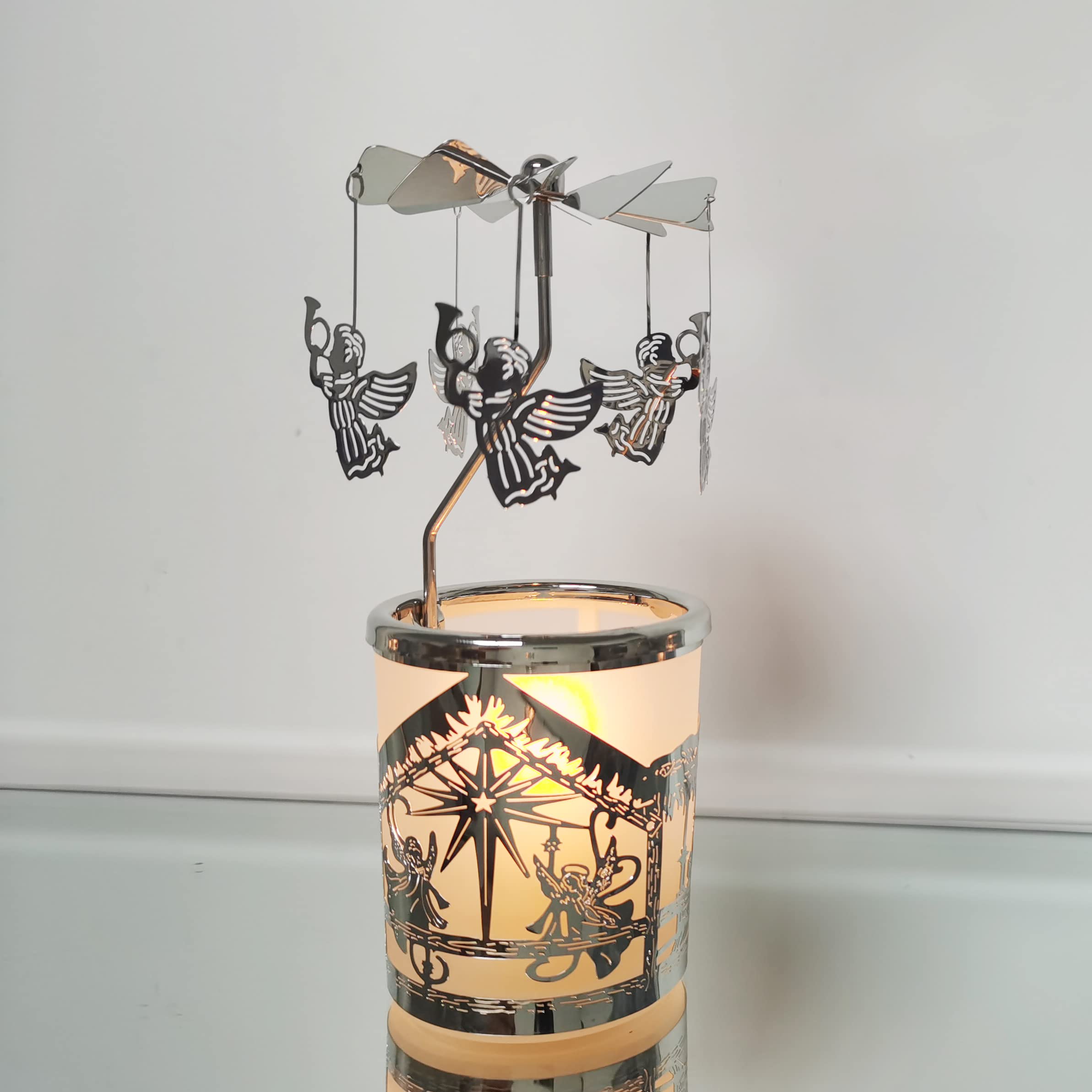 Rotating Carousel Candle Holder - Metal Spinning Tea Light Candle Stand for Home Decor, Wedding, Party & Romantic Dinner (Silver Angel Design)