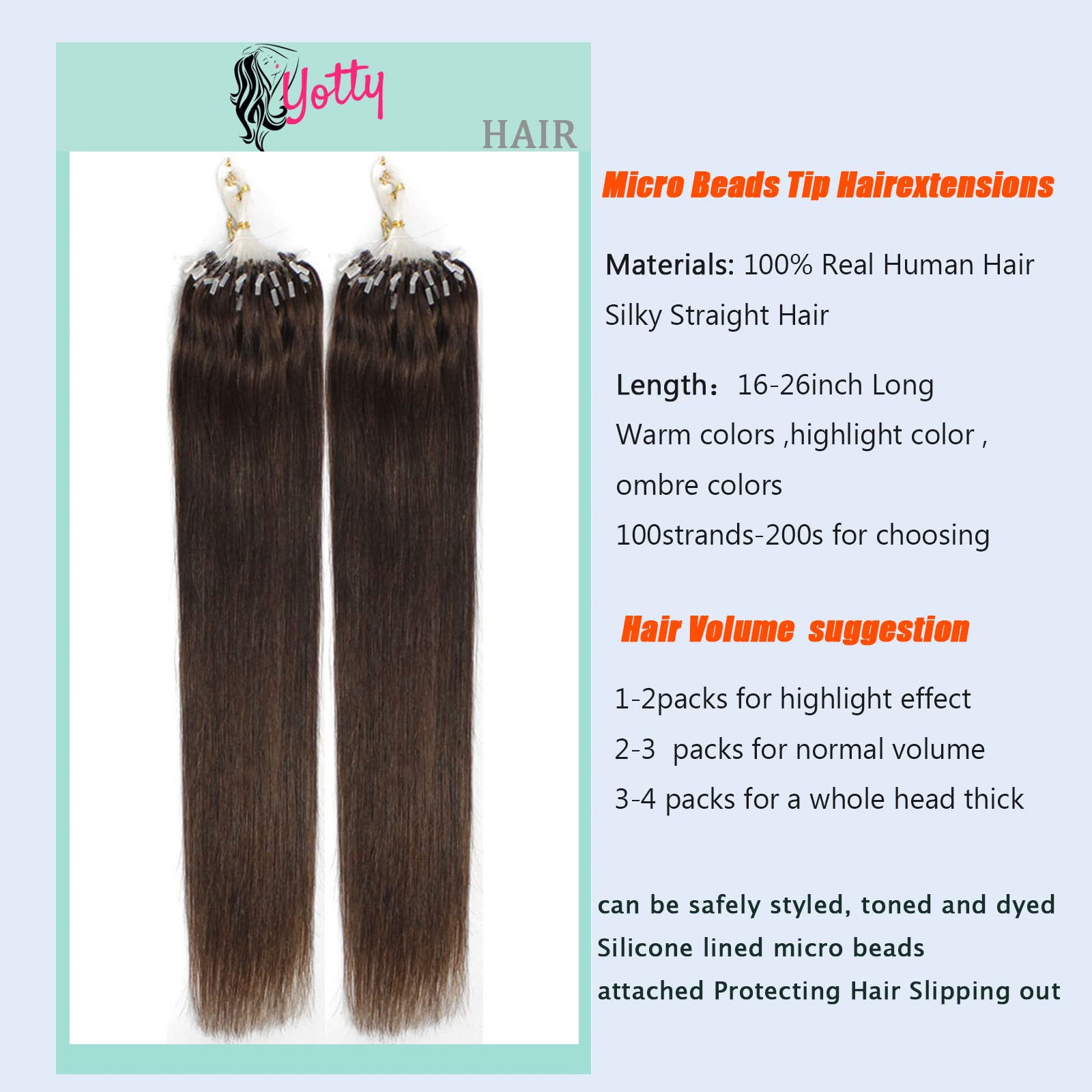 Micro Beads Hair Extensions - 100% Real Human Hair, Medium Brown, Remy Hair, Long Straight 26 Inch, 100 Strands per Pack (50g) - Perfect for Daily Styling, Parties, Weddings & Special Occasions