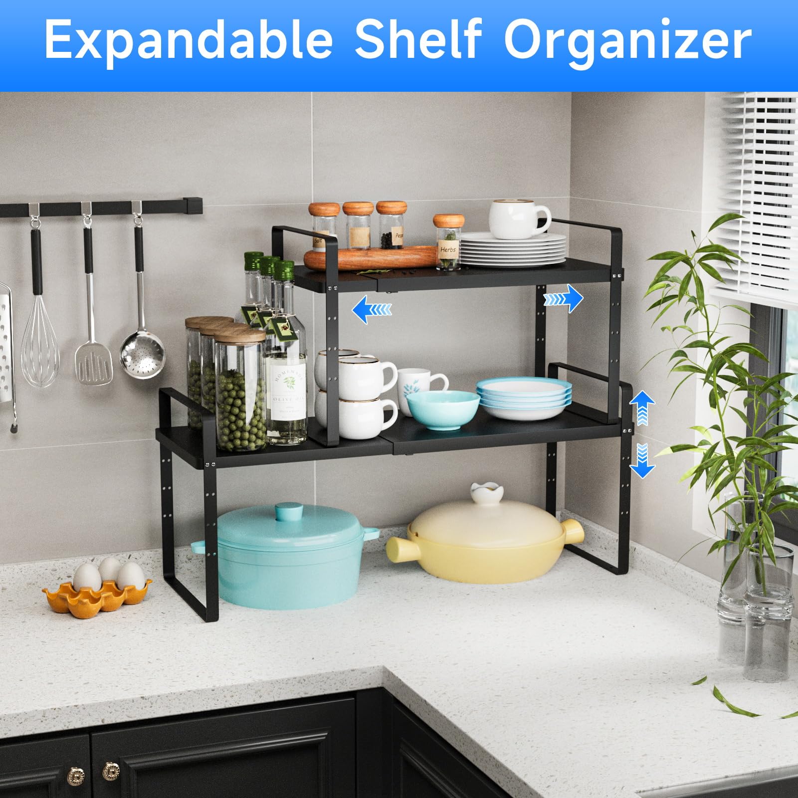 Expandable Cabinet Shelf Organizer - Heavy Duty Stackable Kitchen Pantry Storage (80LBS Capacity) - Adjustable Closet & Cupboard Organizer Rack - Spice & Counter Organization - Large Black 1 Pack - Perfect for Pantry, Bathroom & Closet Storage Solutions