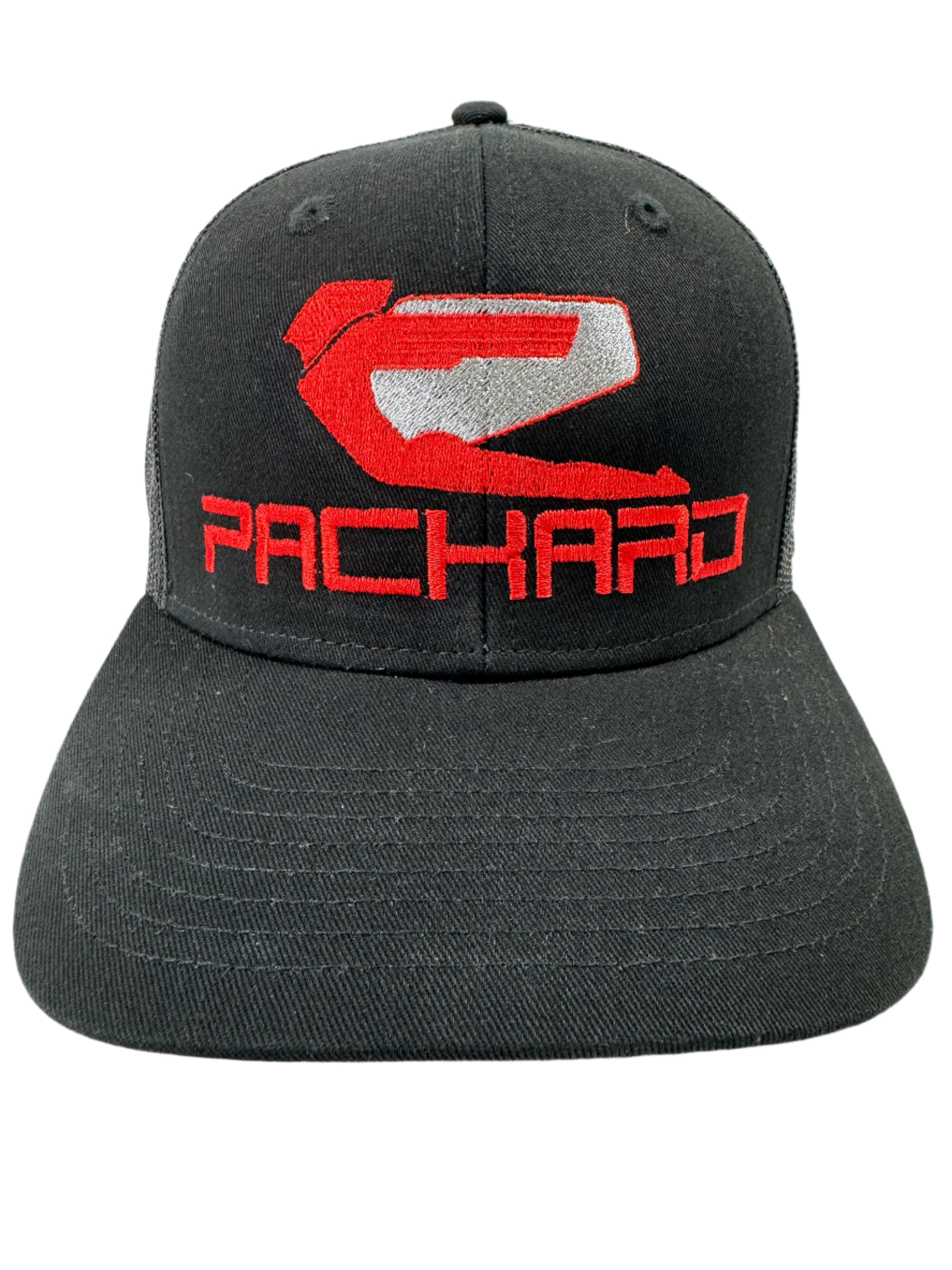 Embroidered Black Trucker Hat with Curved Brim & Red Logo - Stylish Baseball Cap for Men & Women - Perfect for Outdoor Activities, Sports, and Casual Wear