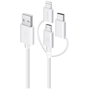 Alogic 3-in-1 Charging Cable - Lightning, Micro USB & USB-C Combo - 0.3m/30cm White Data Sync Cable for iPhone, Android & USB-C Devices | Perfect for Home, Office & Travel Charging