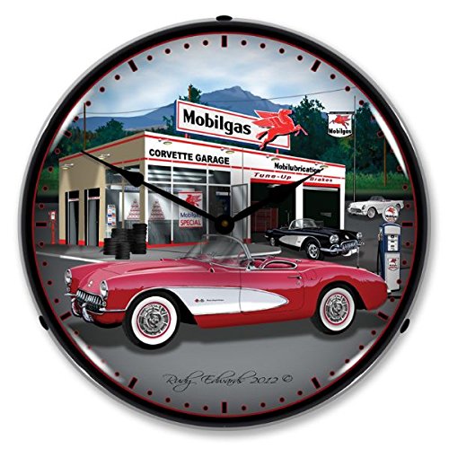 1957 Corvette Mobil Gas Lighted Wall Clock - Vintage Car Decor, Retro Diner Wall Art, Perfect for Man Cave, Garage, or Classic Car Enthusiast Gift