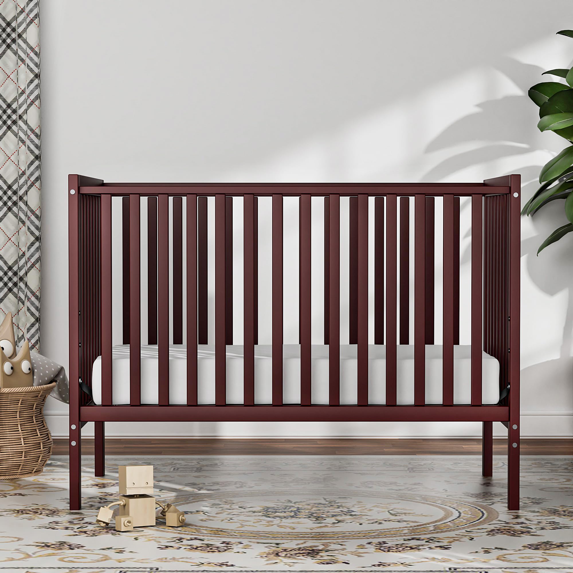 5-in-1 Convertible Baby Crib to Toddler Bed - Sustainable Natural Pinewood, Non-Toxic Finish, Full Size Nursery Furniture (Cherry) - Perfect for Small Spaces & Growing Families