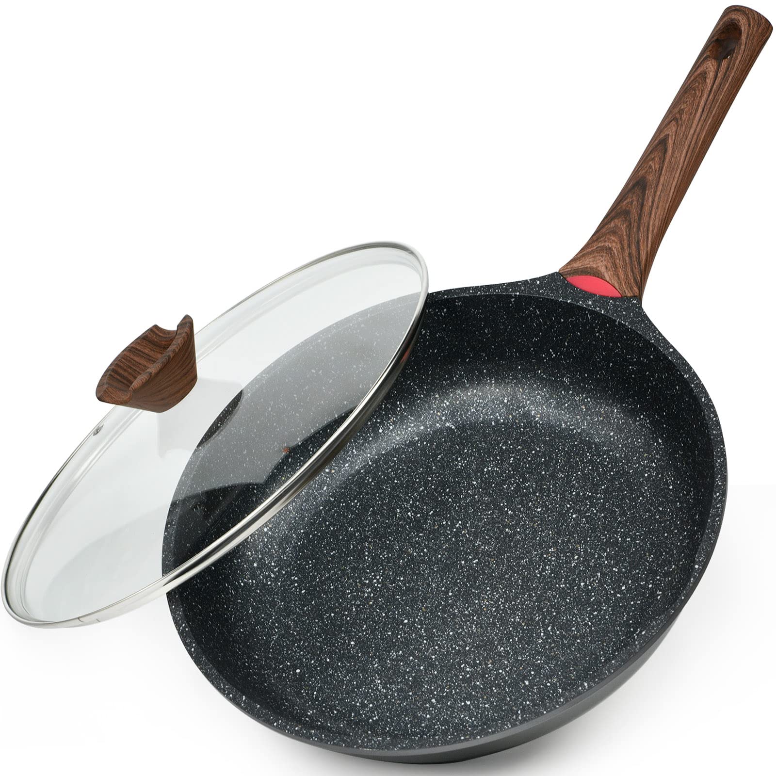DIIG Nonstick Frying Pan with Lid - 12 Inch PFOA-Free Granite Coating Chef's Pan, Large 30 cm Induction Compatible Cookware for Gas & Electric Stoves - Perfect for Family Cooking, Sauteing & Gift Giving
