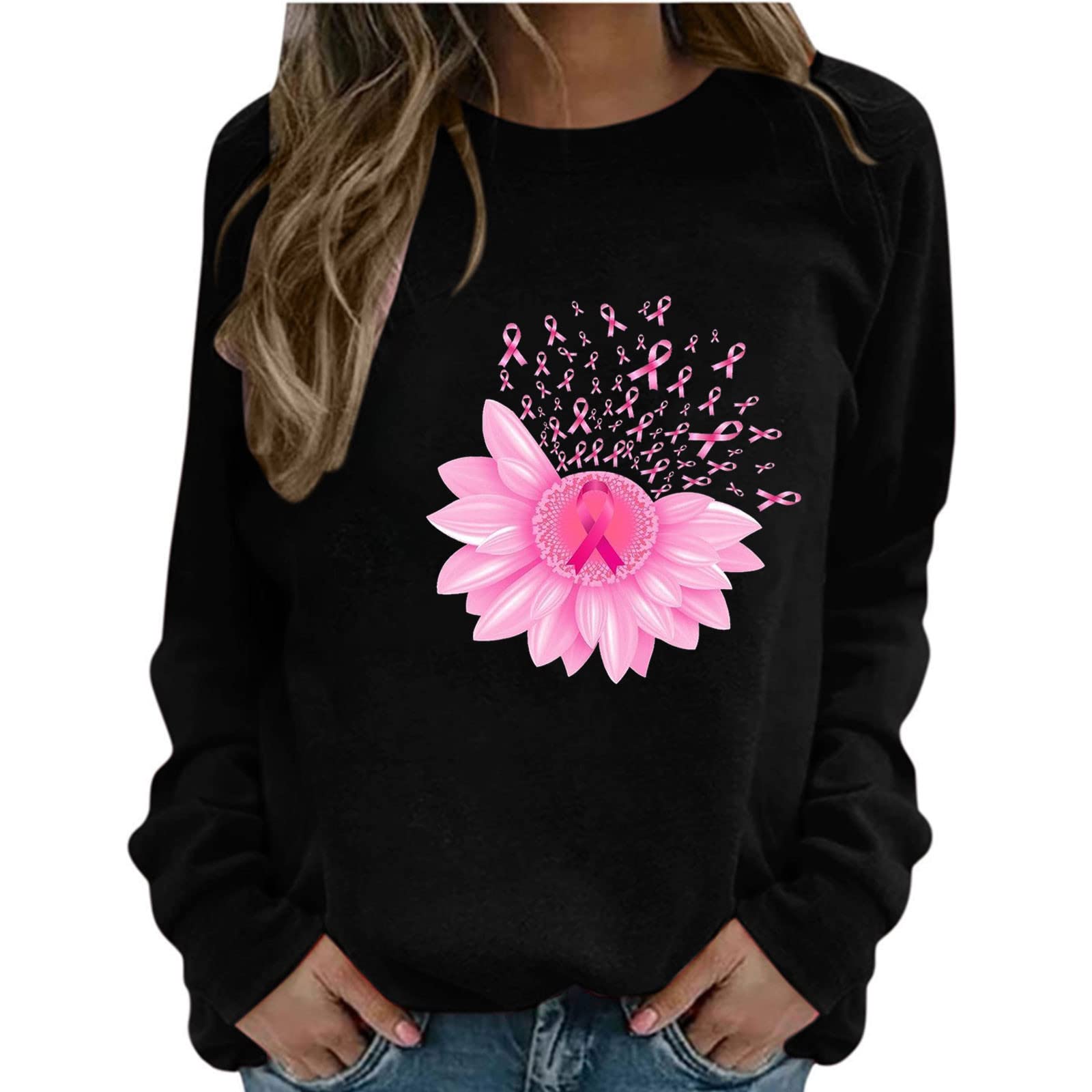 Women's Long Sleeve Pink Ribbon Breast Cancer Awareness Pullover Sweatshirt with Sunflower Graphic Print - Casual Comfort Top for Fundraising Events, Everyday Wear & Support Awareness