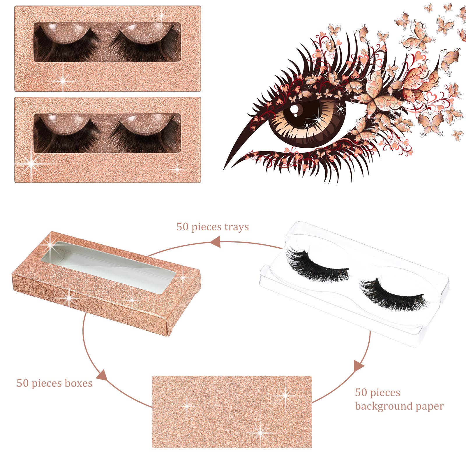 50 Pack Empty Eyelash Case Set with Storage Box Tray & Background Paper - Champagne Gold Eyelash Packaging Boxes for Professional Lash Artists & Salons - Perfect for Organizing, Storing, and Displaying False Eyelashes