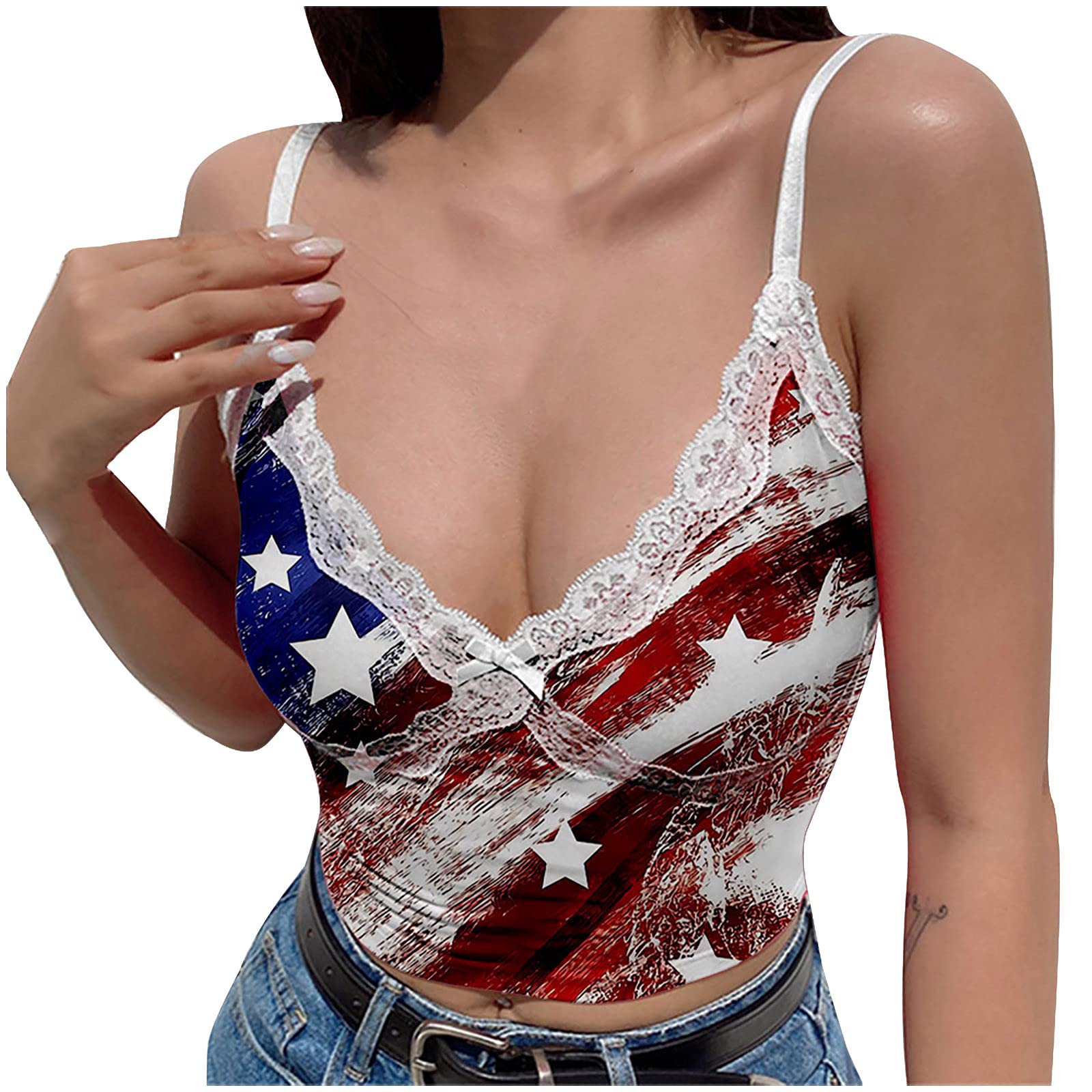 Bidobibo USA Women's Patriotic Sleeveless Vest - Printed Lace Patchwork Camisole Tank Top for Independence Day & Summer Fashion | Perfect for 4th July Celebrations, Beach Outings & Casual Wear