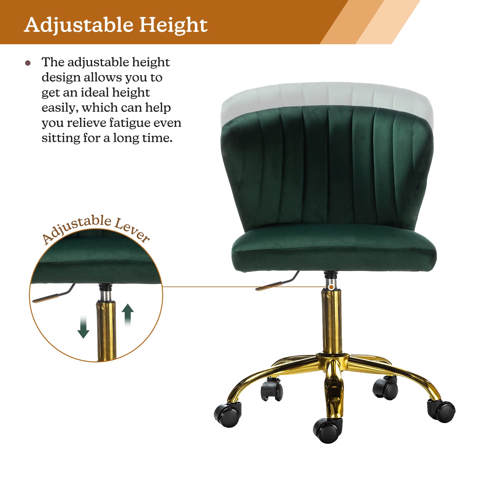 TINA'S HOME Modern Velvet Armless Office Chair with Wheels & Gold Base - Adjustable Low Back Swivel Rolling Task Chair for Home Office, Living Room, Vanity or Study - Green Velvet Upholstered Desk Chair for Work & Relaxation