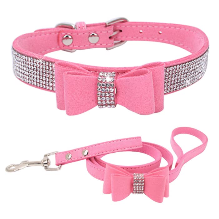 Sparkling Rhinestone Dog Collar - Adjustable Diamond Glitter Crystal Pet Collar with Bow-Knot for Small Medium Dogs | Pu Leather Puppy Cat Harness Necklace for Daily Walk, Party & Photo Shoot (Pink, Medium)