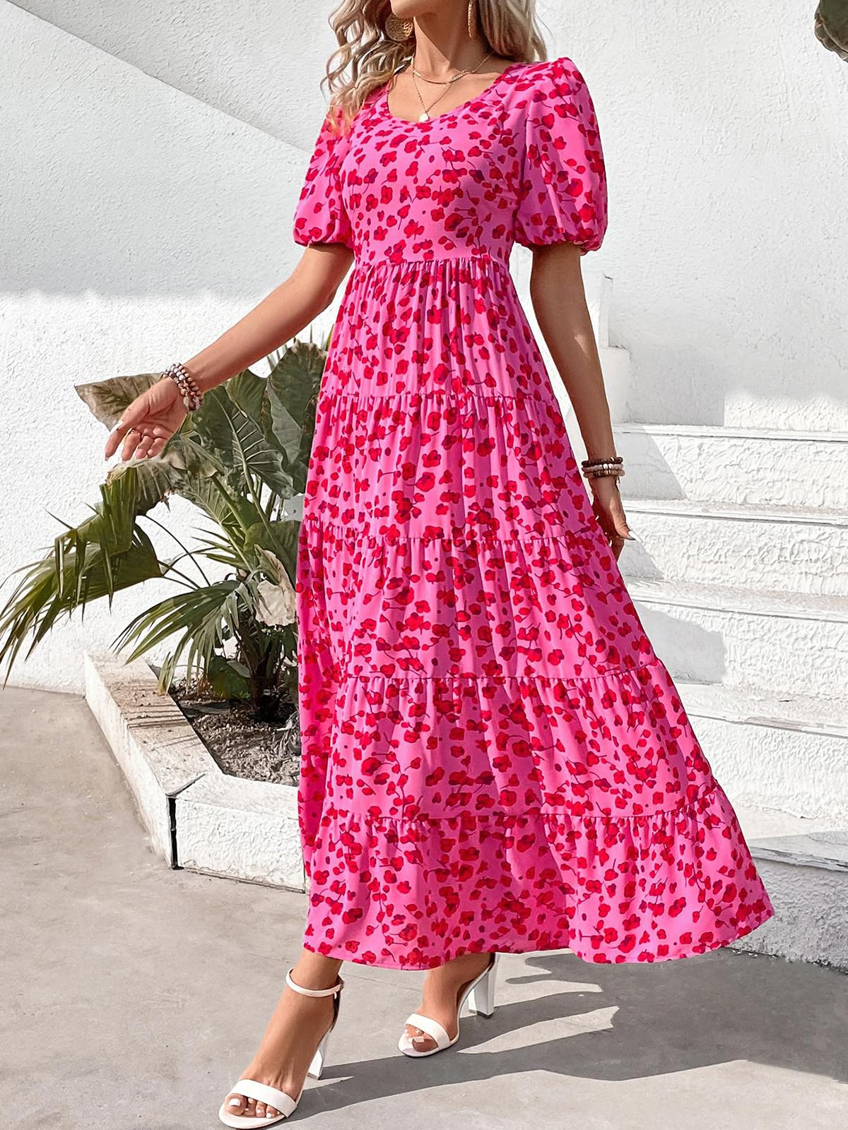 PRETTYGARDEN Women's Floral Summer Dress 2025 - Puff Sleeve, Smocked Backless, Flowy Tiered Maxi Dress for Beach, Vacation & Casual Wear | Boho Chic Style