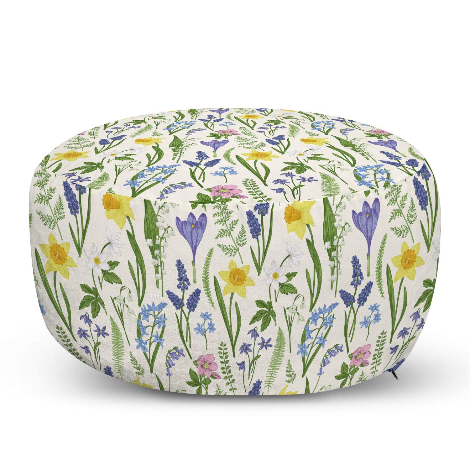 Ambesonne Spring Ottoman Pouf - Floral Meadow Pattern Foot Rest with Removable Cover | Seasonal Garden Wildflowers Design | Soft Decorative Pouf for Living Room, Bedroom & Nursery | Perfect for Relaxing, Reading Nook or Home Decor Accent