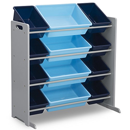 Delta Children 12-Bin Toy Storage Organizer - GREENGUARD Gold Certified, Grey/Blue Plastic Bins for Kids' Room Organization | Perfect for Playrooms, Bedrooms & Daycare Centers