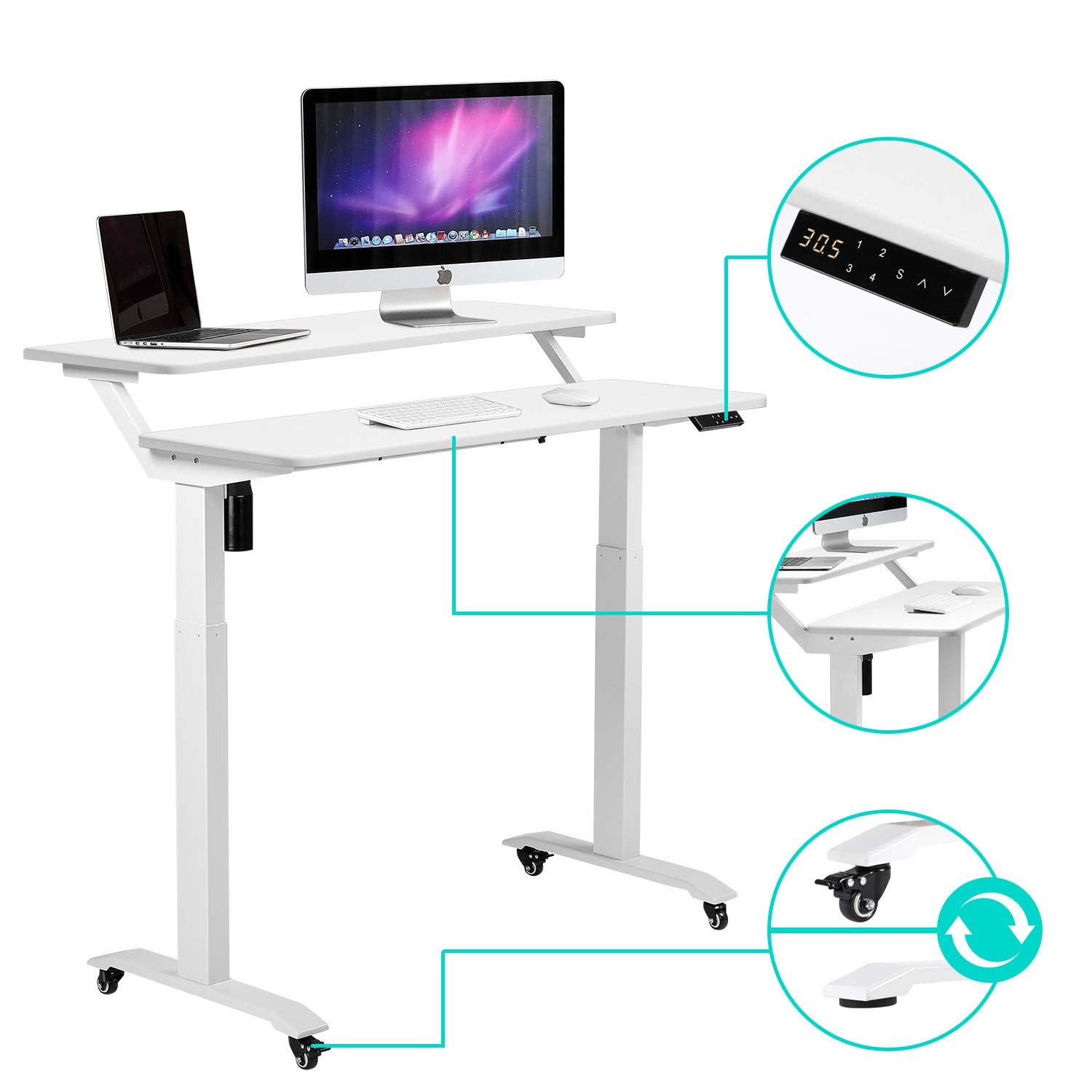 UNICOO Adjustable Standing Desk with Wheels - 2-Tier Mobile Gaming Desk for Home Office & Workstation