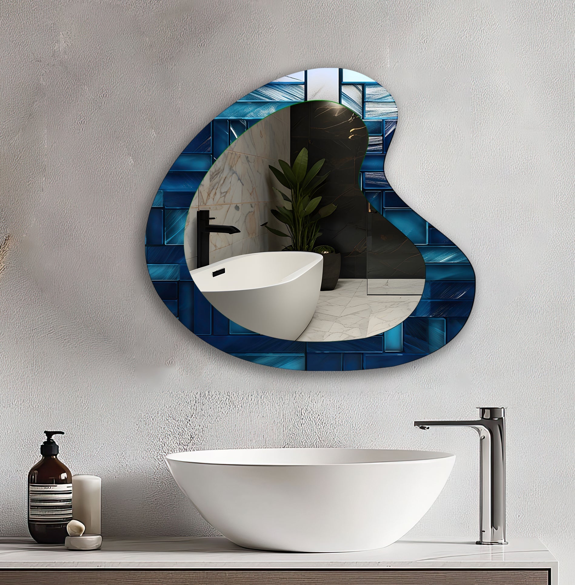 Blue Mosaic Tiles Modern Wall Mirror - Handcrafted Bathroom Vanity Mirror with Stainless Steel Frame - Perfect for Bathroom, Bedroom, and Living Room Décor