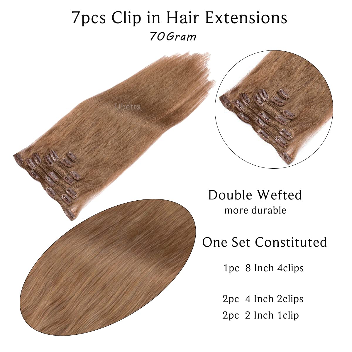 Premium 18 Inch Golden Brown Clip-In Human Hair Extensions for Women - 7 Pieces 70g Straight Double Weft Remy Hair - Natural Look for Volume & Length - Perfect for Daily Wear, Parties & Special Occasions