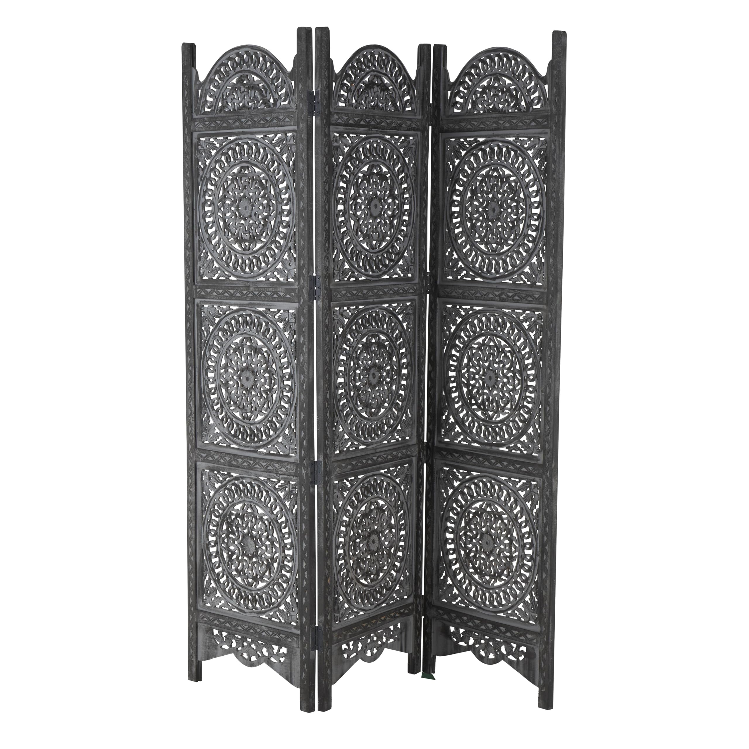 Handmade Wooden Floral Room Divider Screen - 3-Panel Foldable Privacy Partition with Intricate Carvings, 60