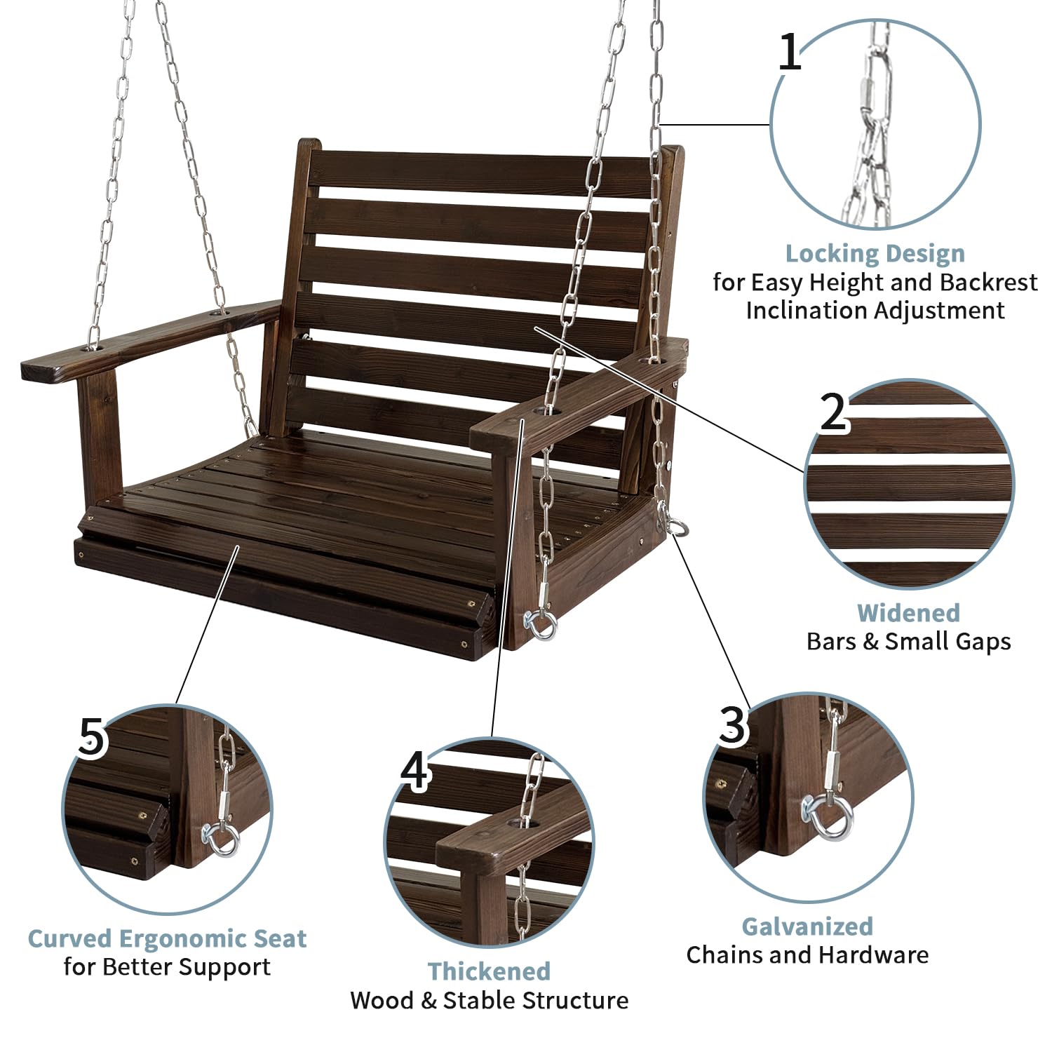 **Heavy Duty Wooden Porch Swing - Ergonomic Outdoor Bench Swing with Hanging Chains & 7mm Springs - Supports 880 lbs - Perfect for Patio, Garden, Yard & Backyard Relaxation (Deep Brown, 1-Seater)**
