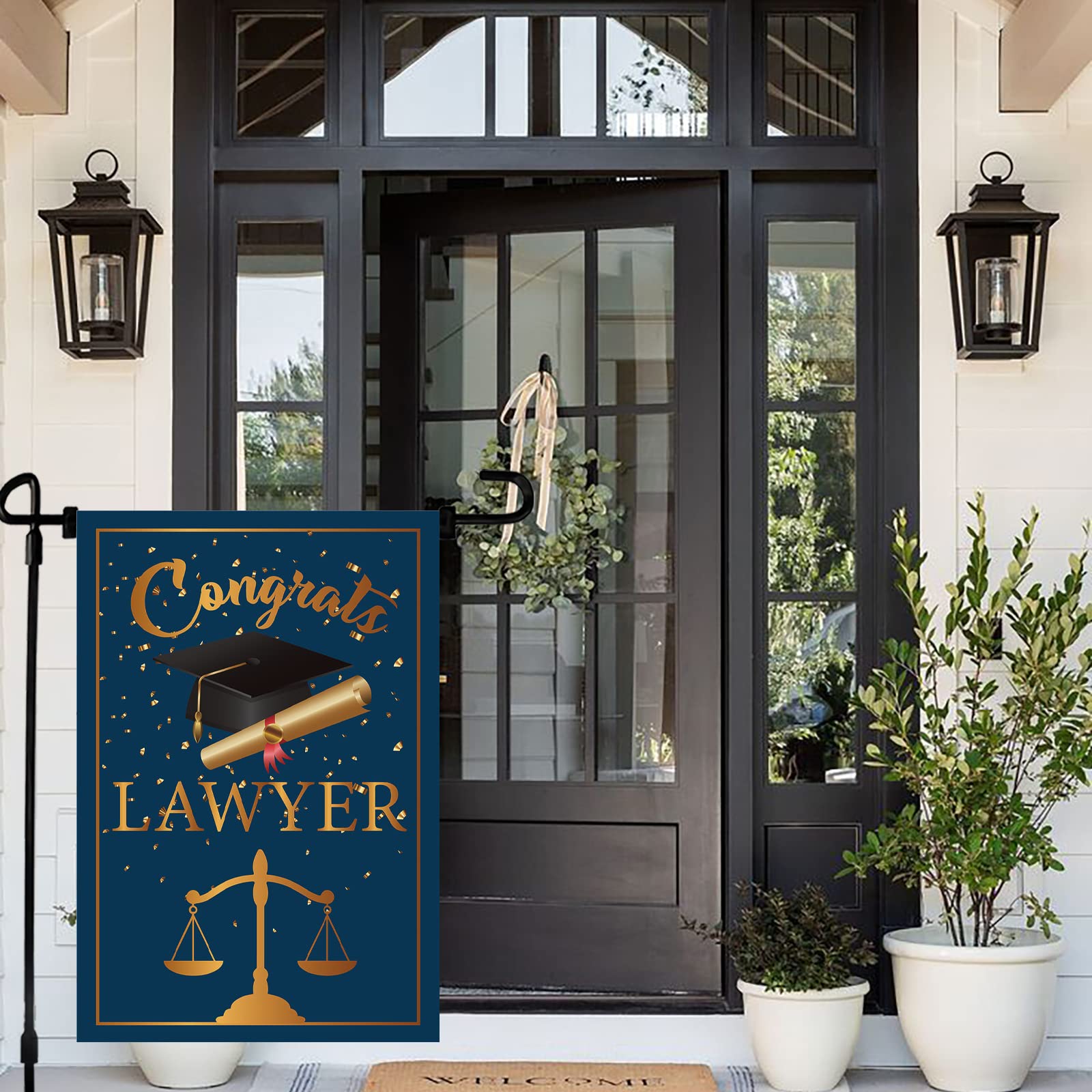 Double Sided Lawyer Graduation Garden Flag - 12x18 Inch Gold & Blue Outdoor Yard Sign for Law School Celebration, Housewarming & Party Decor - Perfect for Graduation Parties, Office Decor & Front Yard Displays