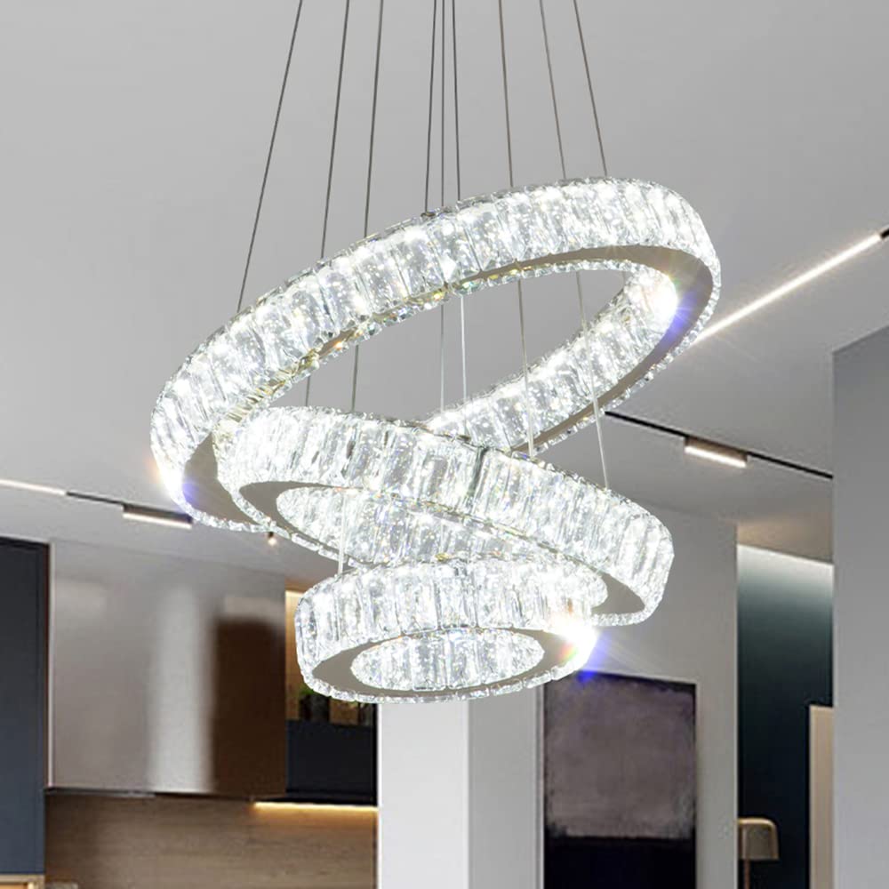 Modern LED Crystal Chandelier - 3 Ring Adjustable Pendant Light Fixture with Hanging Crystals in Gold (Cool White) for Living Room, Dining Room, Bedroom & Foyer - Elegant Lighting for Home Decor, Dinner Parties & Romantic Ambiance