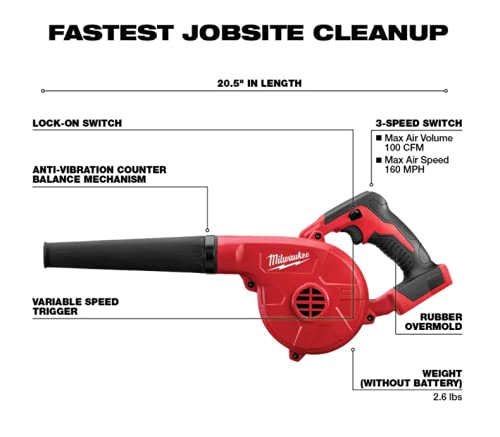 Milwaukee 0884-20 M18 18V Cordless Leaf Blower - Compact, Lightweight & Powerful for Yard Cleaning, Leaf Removal & Outdoor Maintenance