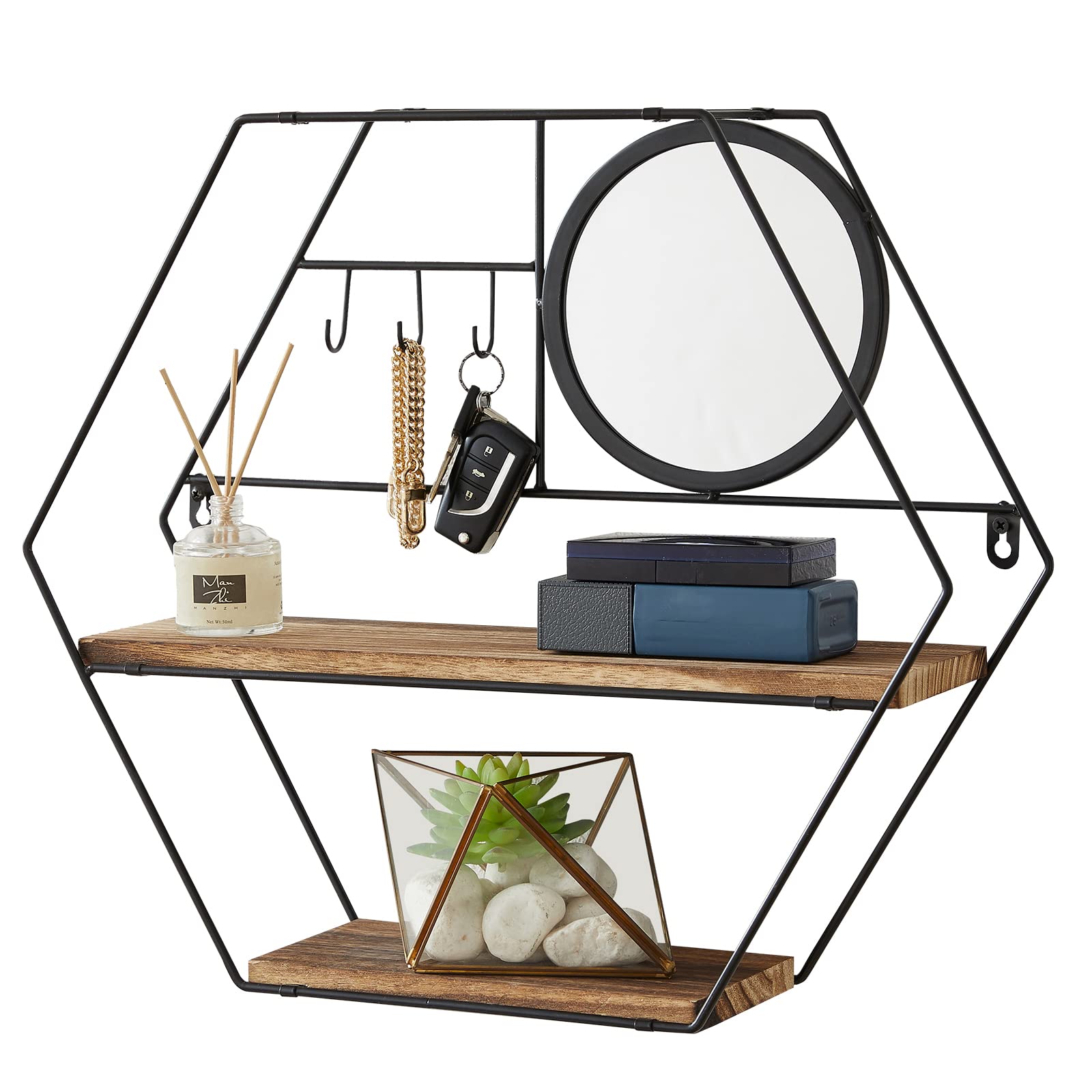 Hexagon Floating Shelves Wall Mounted - Rustic Wood Wall Shelves for Bedroom, Living Room, Bathroom, Kitchen & Office - Black - Perfect for Home Decor, Storage & Displaying Photos, Plants & Books