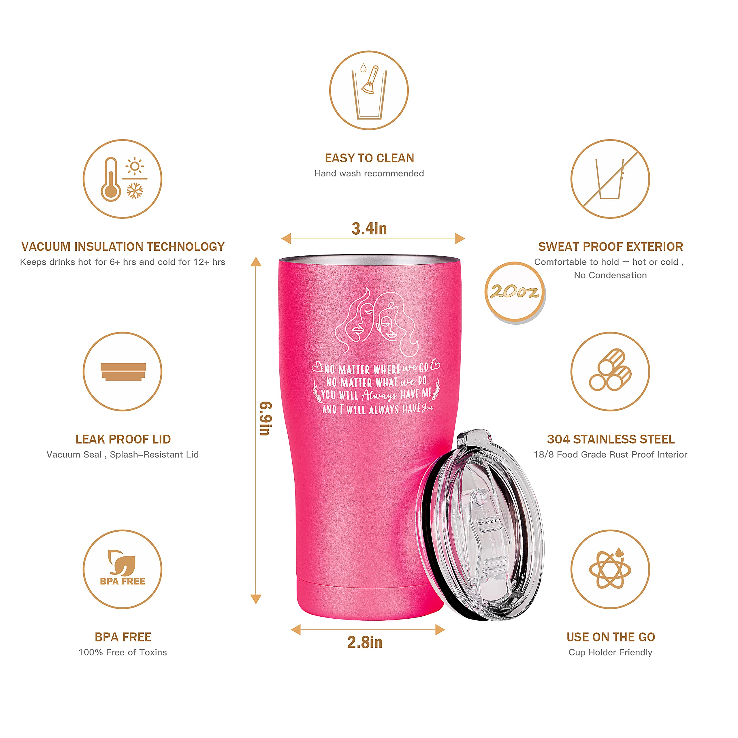 Best Friend Gift for Women - 20 oz Stainless Steel Travel Tumbler Mug - Unique Birthday Gifts for Sister, Bestie, Twin Sister, Soul Sister - Insulated Cup for Coffee, Tea & Cold Drinks - Perfect for Office, Gym & Travel (Pink, 20 oz)