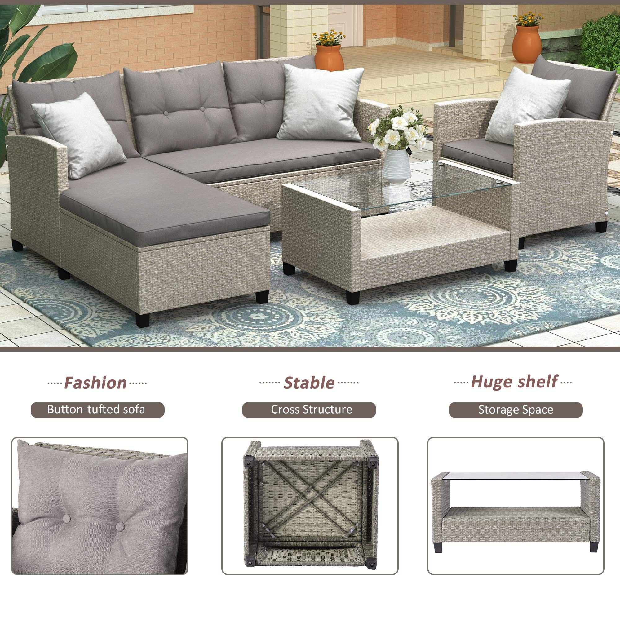 4-Piece Wicker Rattan Sectional Sofa Set with Seat Cushions & Coffee Table - Patio Furniture for Outdoor, Garden, Living Room - Beige Brown - Perfect for Backyard Relaxation, Poolside Lounging, and Indoor Comfort