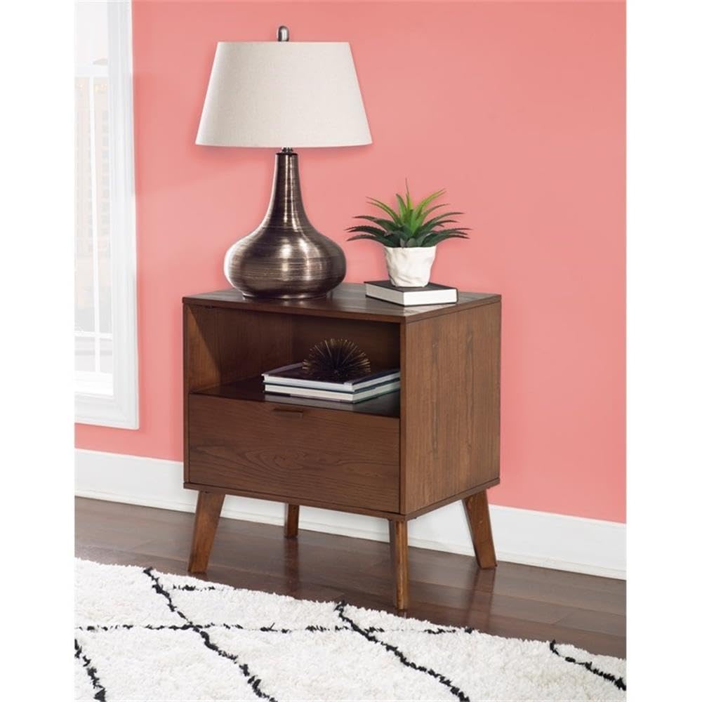 Linon Moore Nightstand with Open Storage & One Drawer - Brown Wood Finish, Tapered Legs - Perfect for Bedrooms, Guest Rooms & Small Spaces
