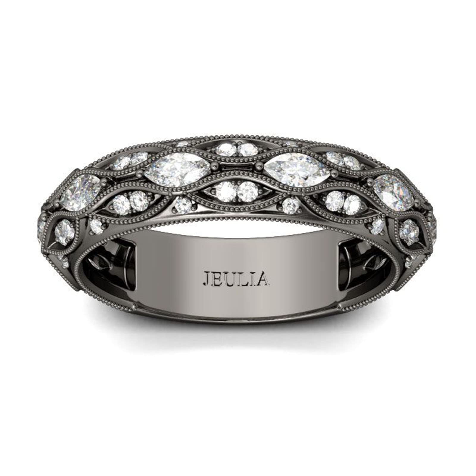 Jeulia Black Sterling Silver Men's Wedding Band with Marquise Cut Diamond & Cubic Zirconia - Gothic Style Engagement Ring for Women, Anniversary Jewelry with Gift Box - Perfect for Proposals, Weddings & Special Occasions