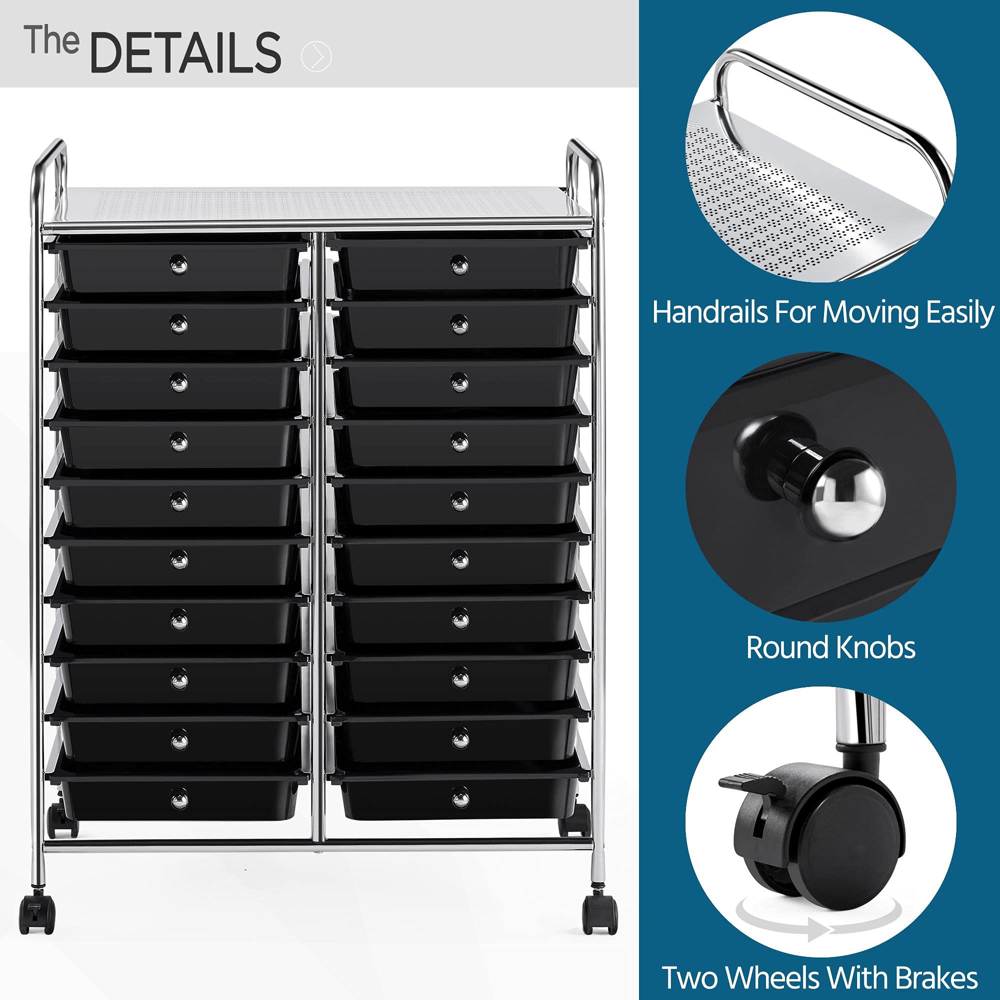 Topeakmart 20-Drawer Rolling Utility Cart - Plastic Storage Organizer with 360° Swivel Casters for Craft Room, Garage & Office - Black Mobile Craft Trolley
