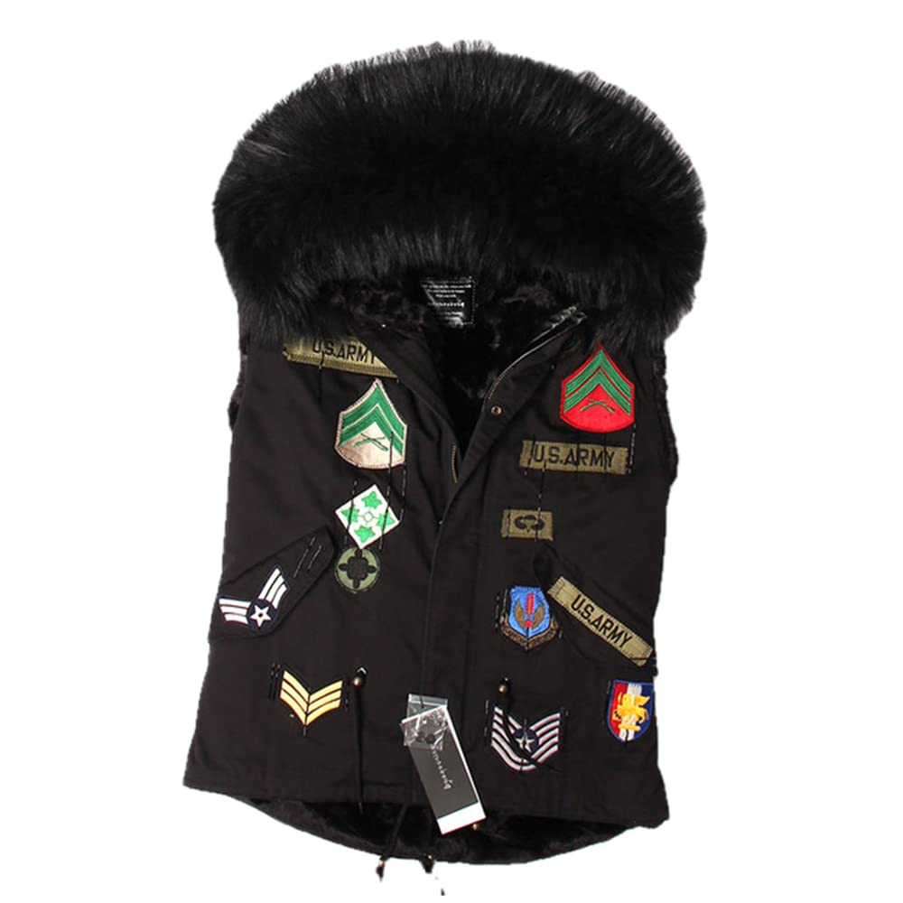 Women's Winter Embroidered Cotton-Padded Vest Jacket with Raccoon Fur Collar - Warm Quilted Puffer Coat for Cold Weather, Outdoor Activities & Fashion Layering