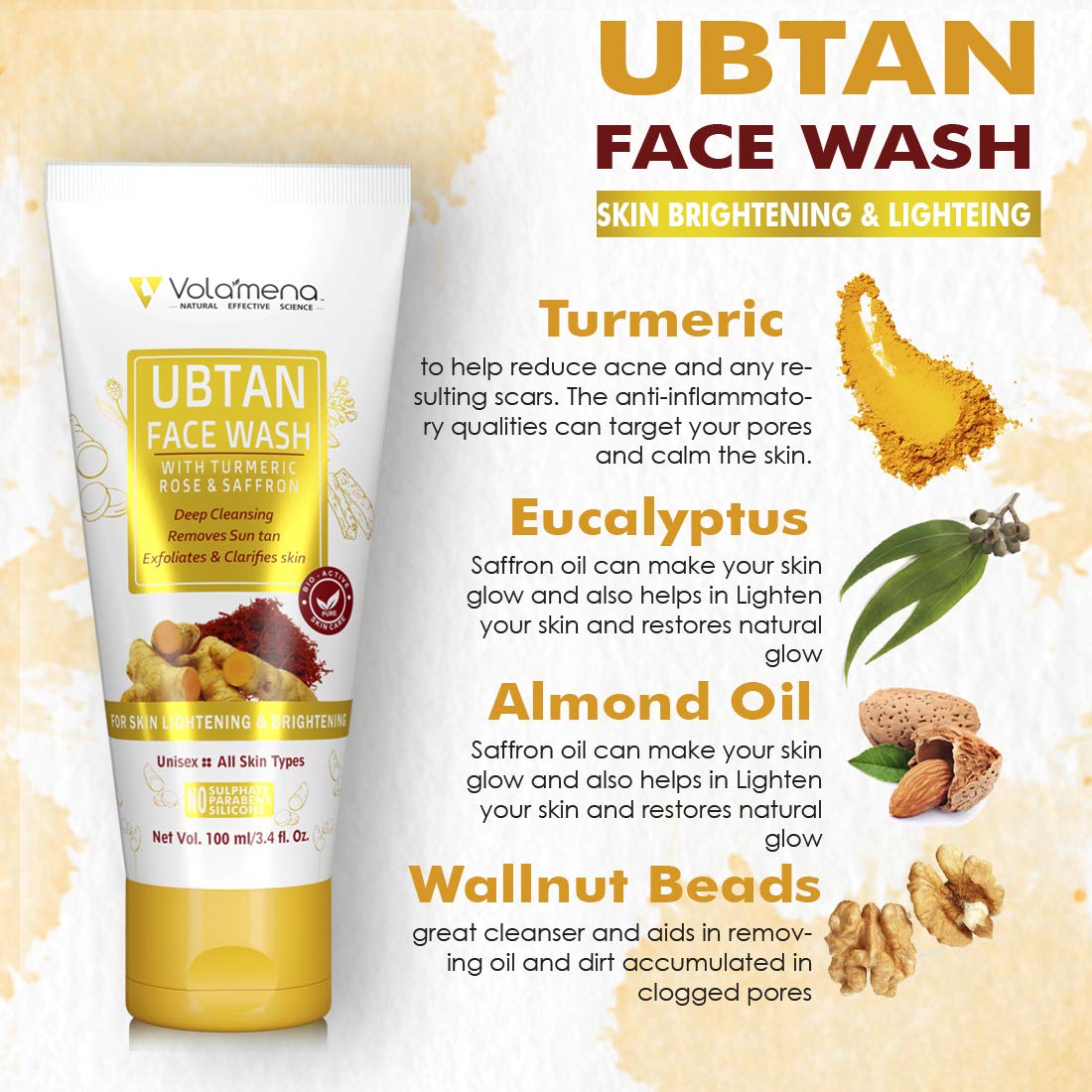 Volamena Ubtan Face Wash for Skin Brightening & Tan Removal – 100ml | Natural Glow & Radiance | Daily Cleansing for All Skin Types